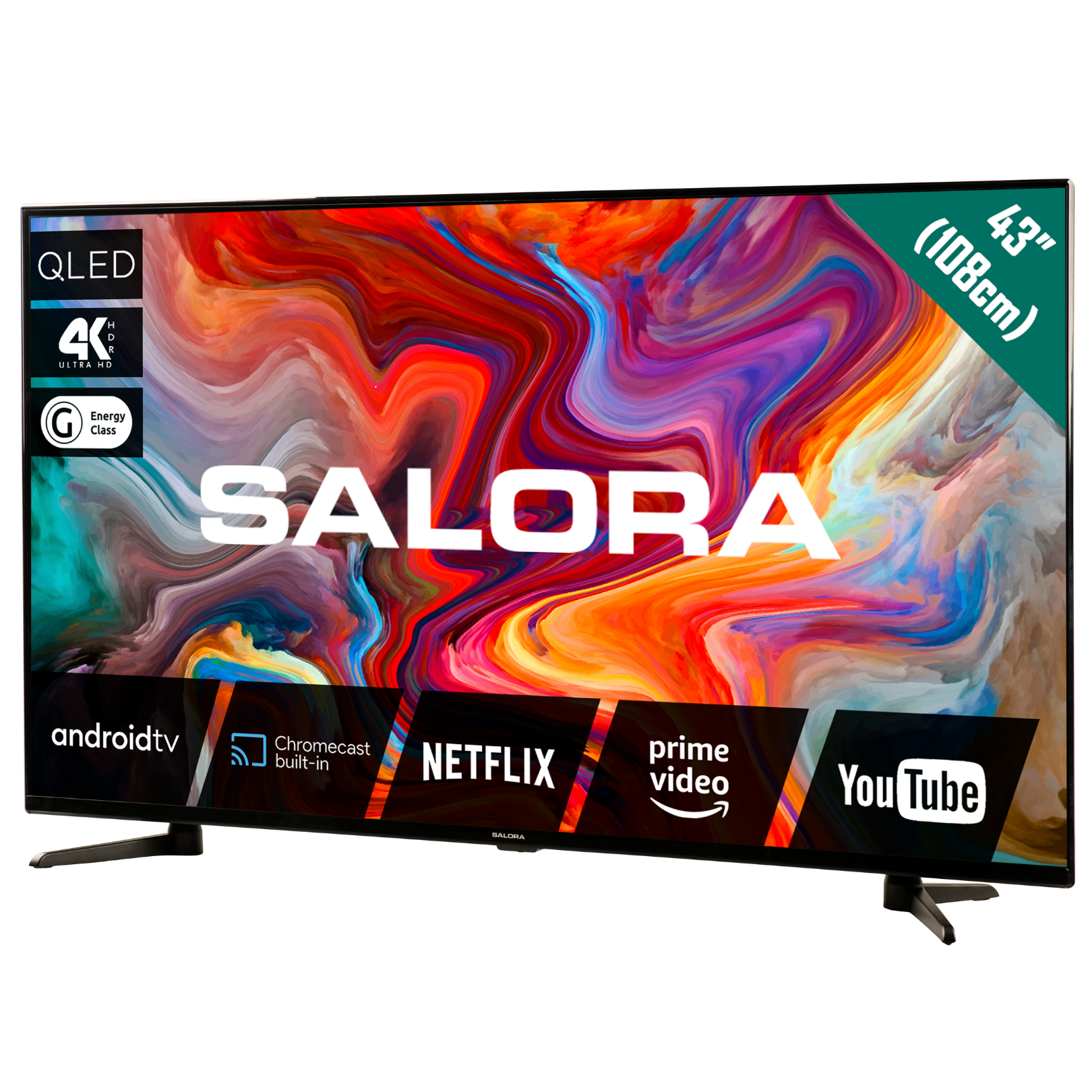 Ein großer, angewinkelter Fernseher mit der Marke SALORA. Er zeigt ein farbenfrohes Bild.