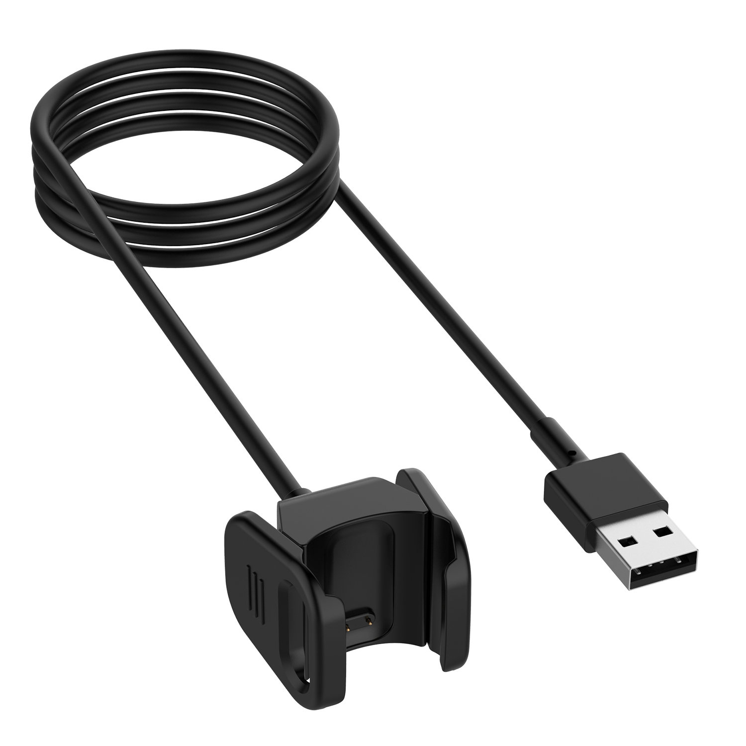 Schwarzes Ladekabel mit Ladestation und USB-Ende. Weißer Hintergrund.