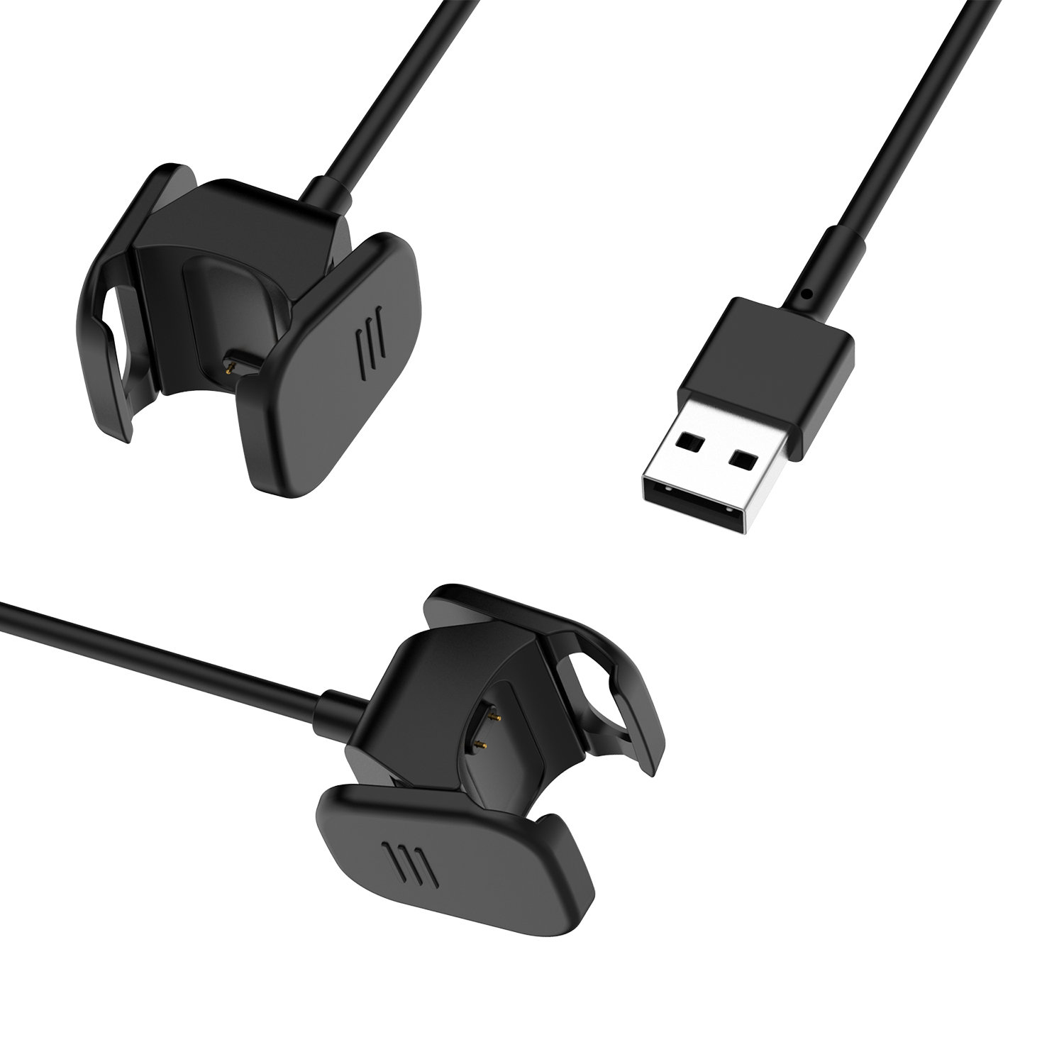 Drei schwarze Ladekabel mit USB-Anschlüssen und Ladestationen.