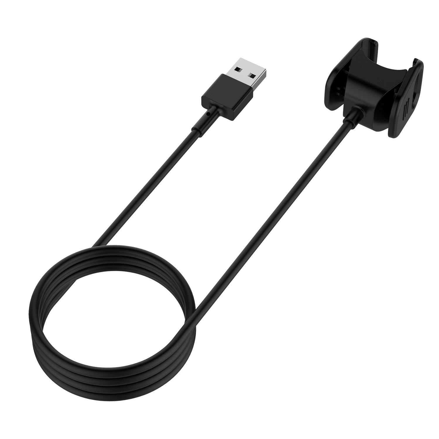 Schwarzes Ladekabel für ein Wearable-Gerät mit USB-Anschluss an einem Ende, isoliert auf Weiß.