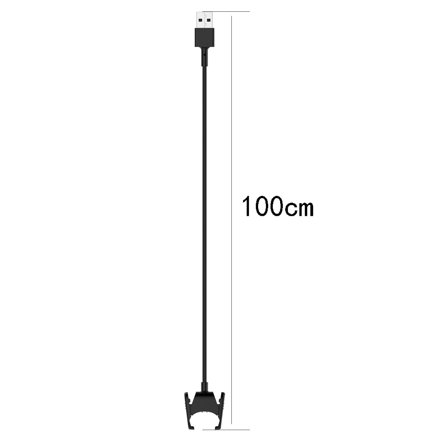 Schwarzes USB-Kabel mit Ladeclip. Das Kabel ist 100 cm lang, der Hintergrund ist weiß.
