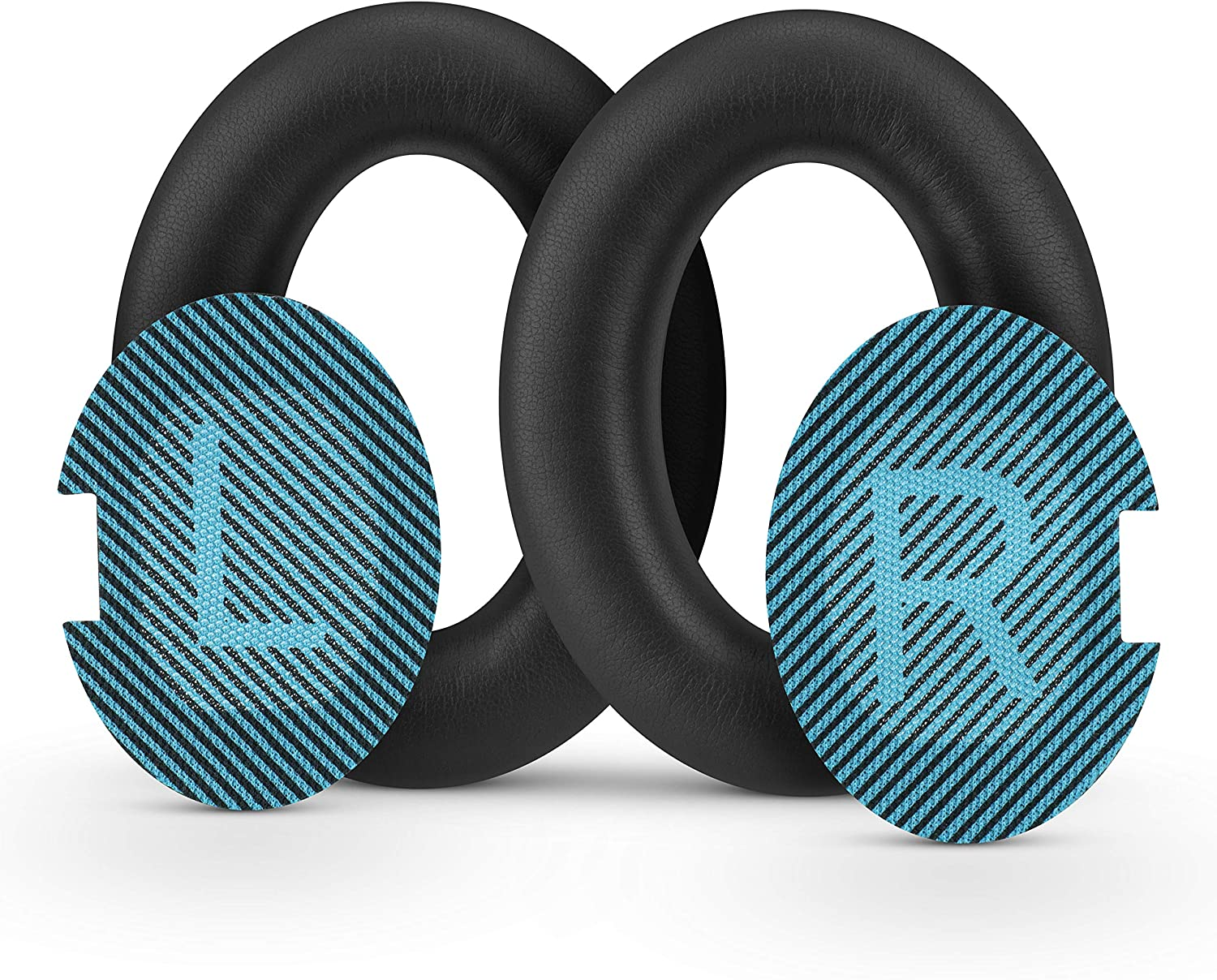 Dwie czarne nausznice, każda z niebiesko-czarnym kręgiem z materiału z literami 'L' i 'R'.