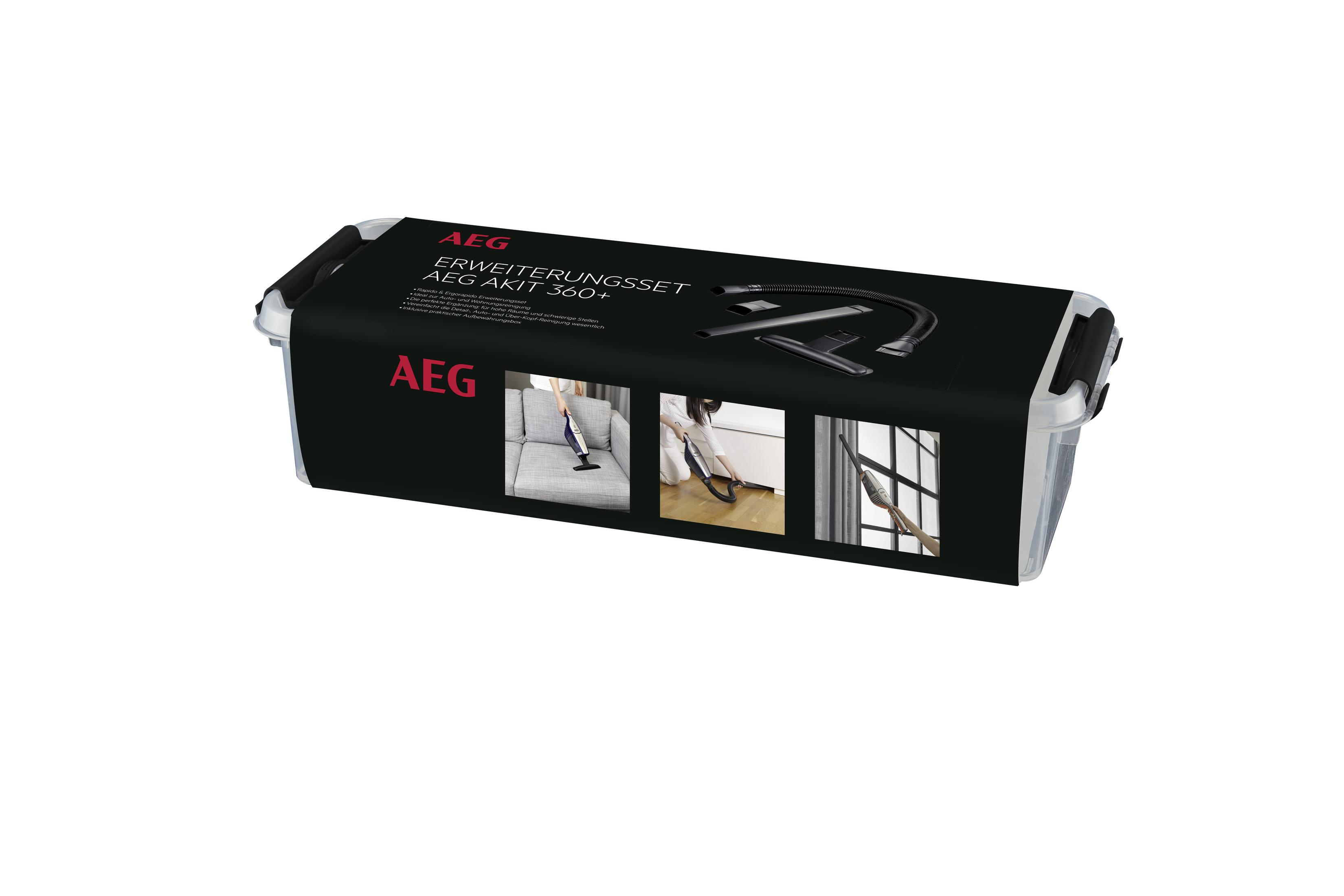 Białe plastikowe pudełko z czarnym tekstem i obrazami akcesoriów do odkurzacza. Widoczne logo AEG.