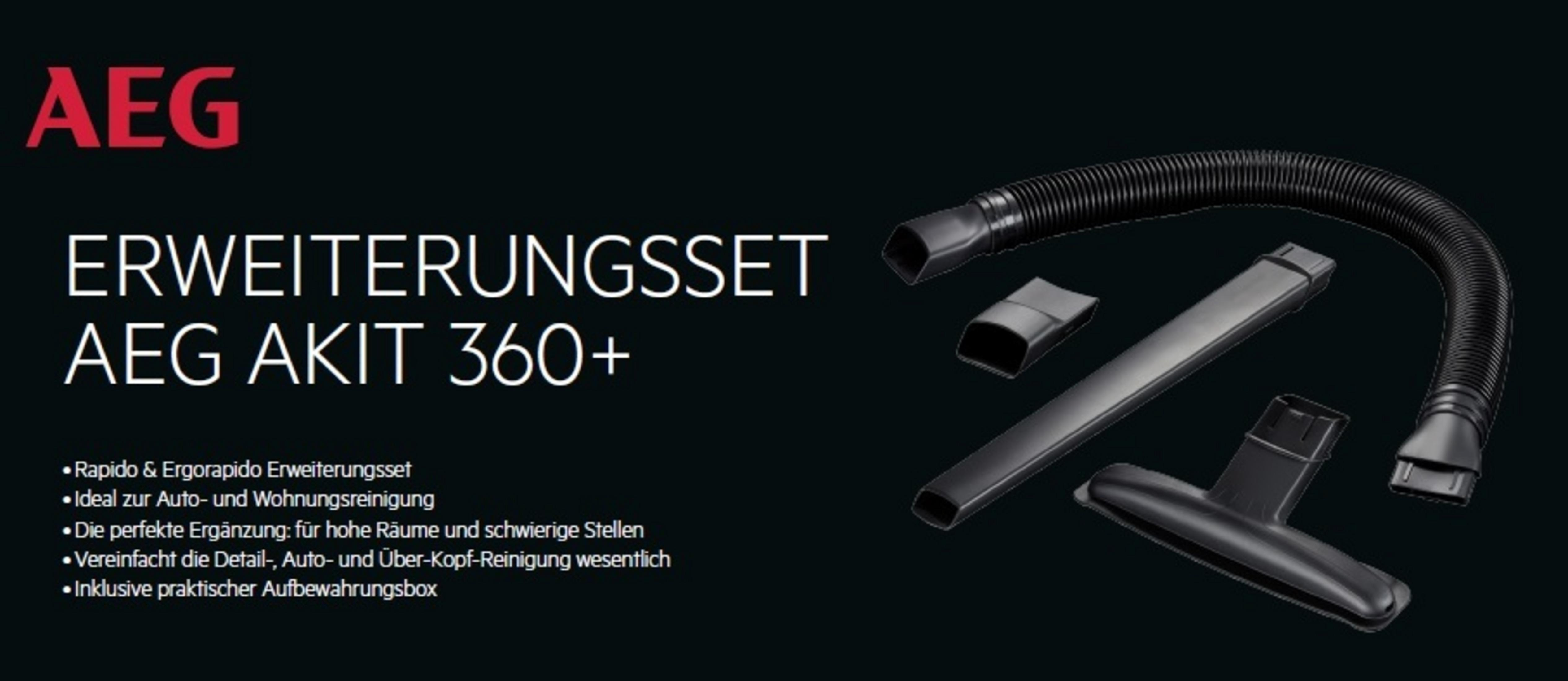 Czarny produkt AEG Erwiterungsset z wieloma końcówkami do odkurzacza na czarnym tle.