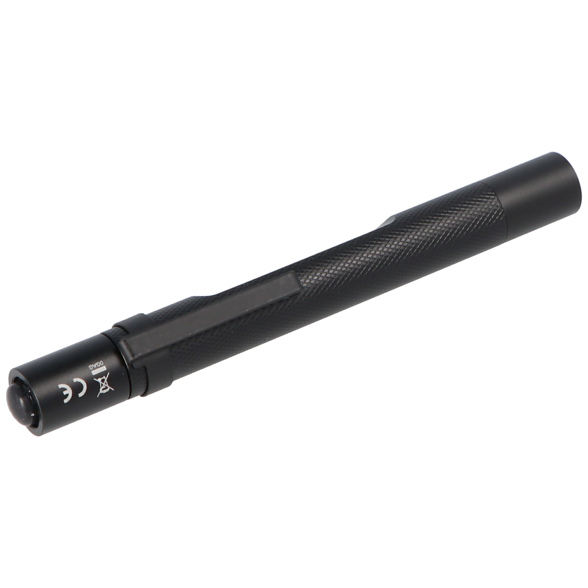 Czarna, cylindryczna latarka z teksturowanym uchwytem, przyciskiem na końcu i oznaczeniami marki.