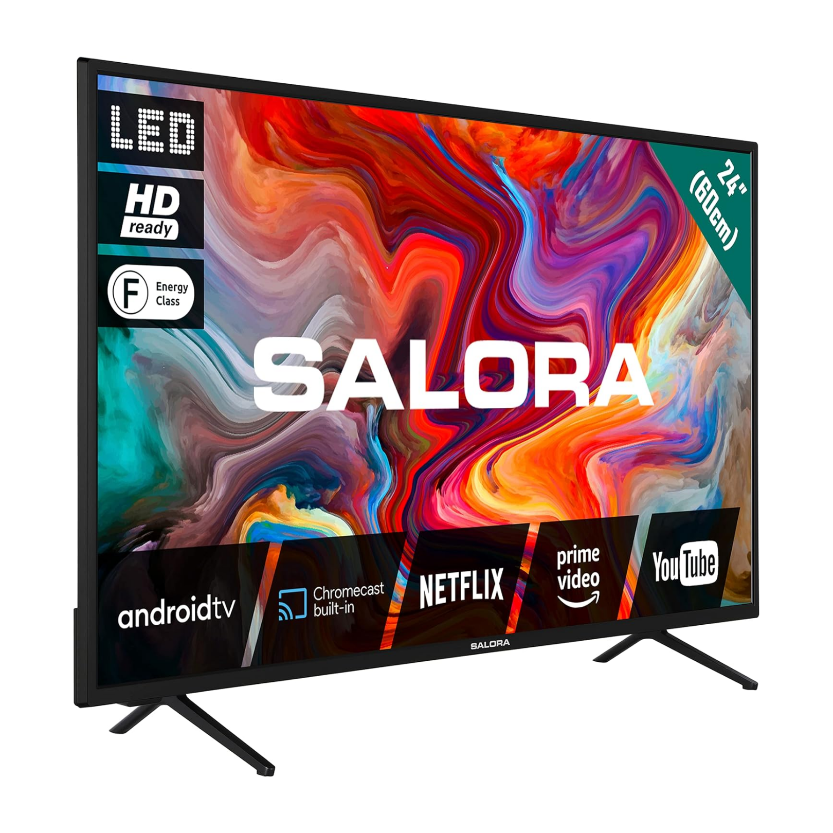 Een SALORA tv, zwart frame en standaard. Toont verschillende apps en info op het scherm.