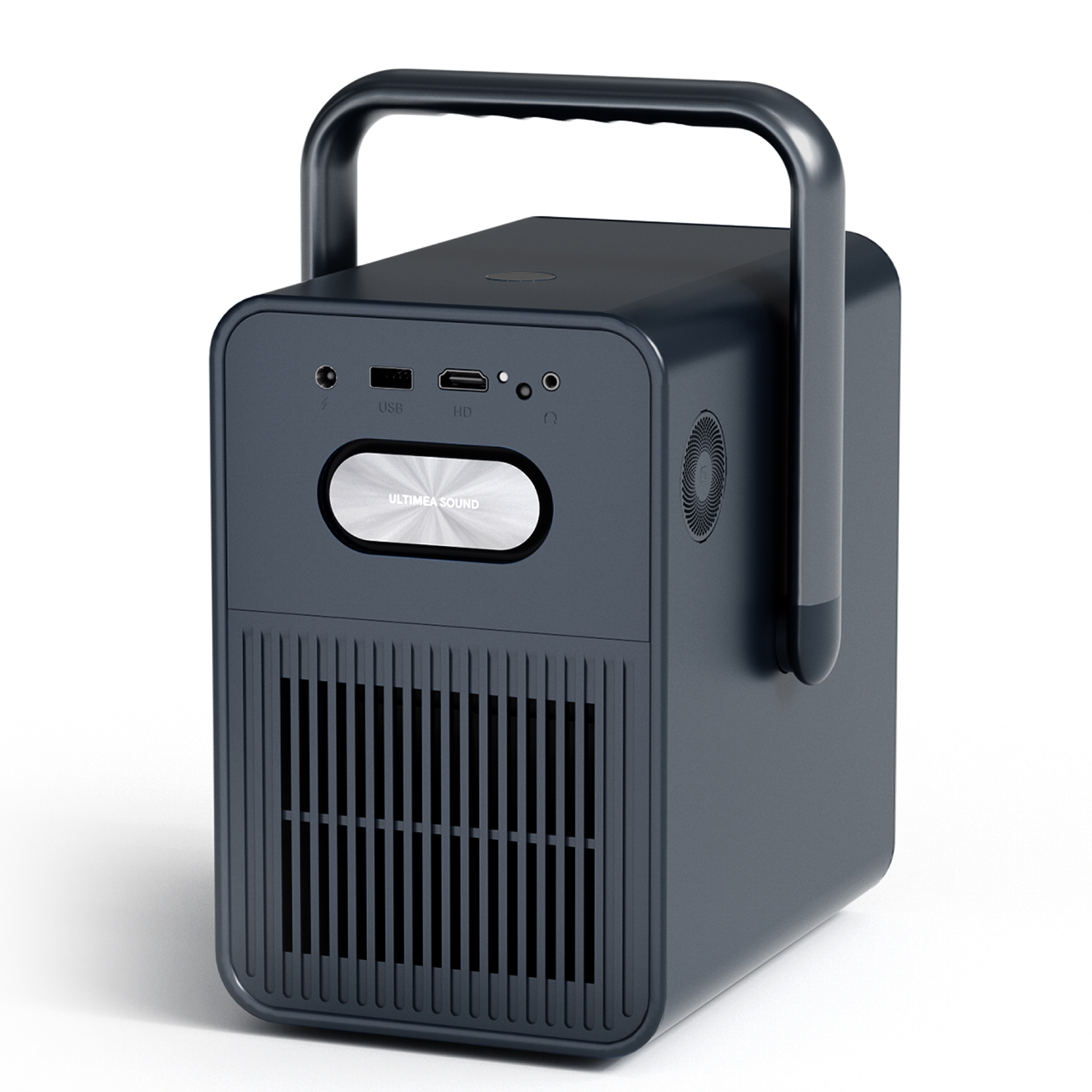 Un proyector negro con asa. El nombre ULTIMEA SOUND es visible.