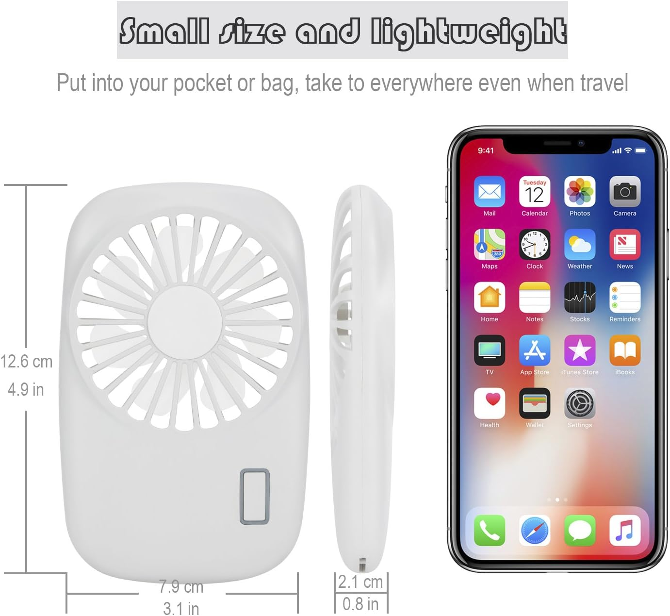 Weißer tragbarer Ventilator mit Abmessungen und Smartphone mit Apps.