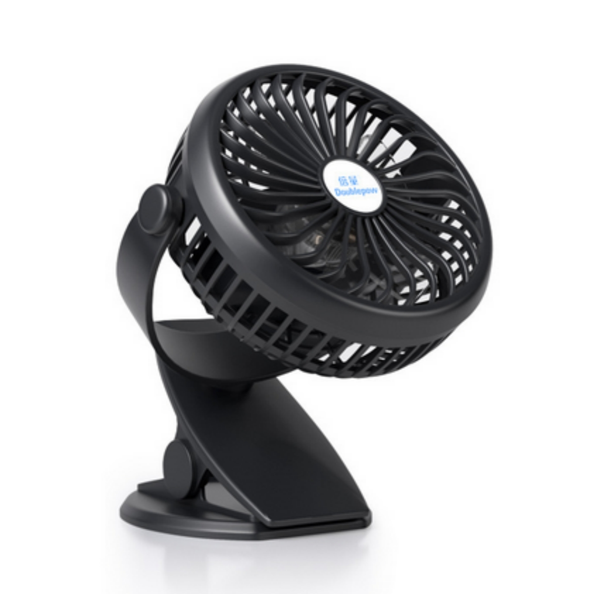 Schwarzer Ventilator mit Clip-Basis, nach oben abgewinkelt. Der Ventilator hat ein Schutzgitter.