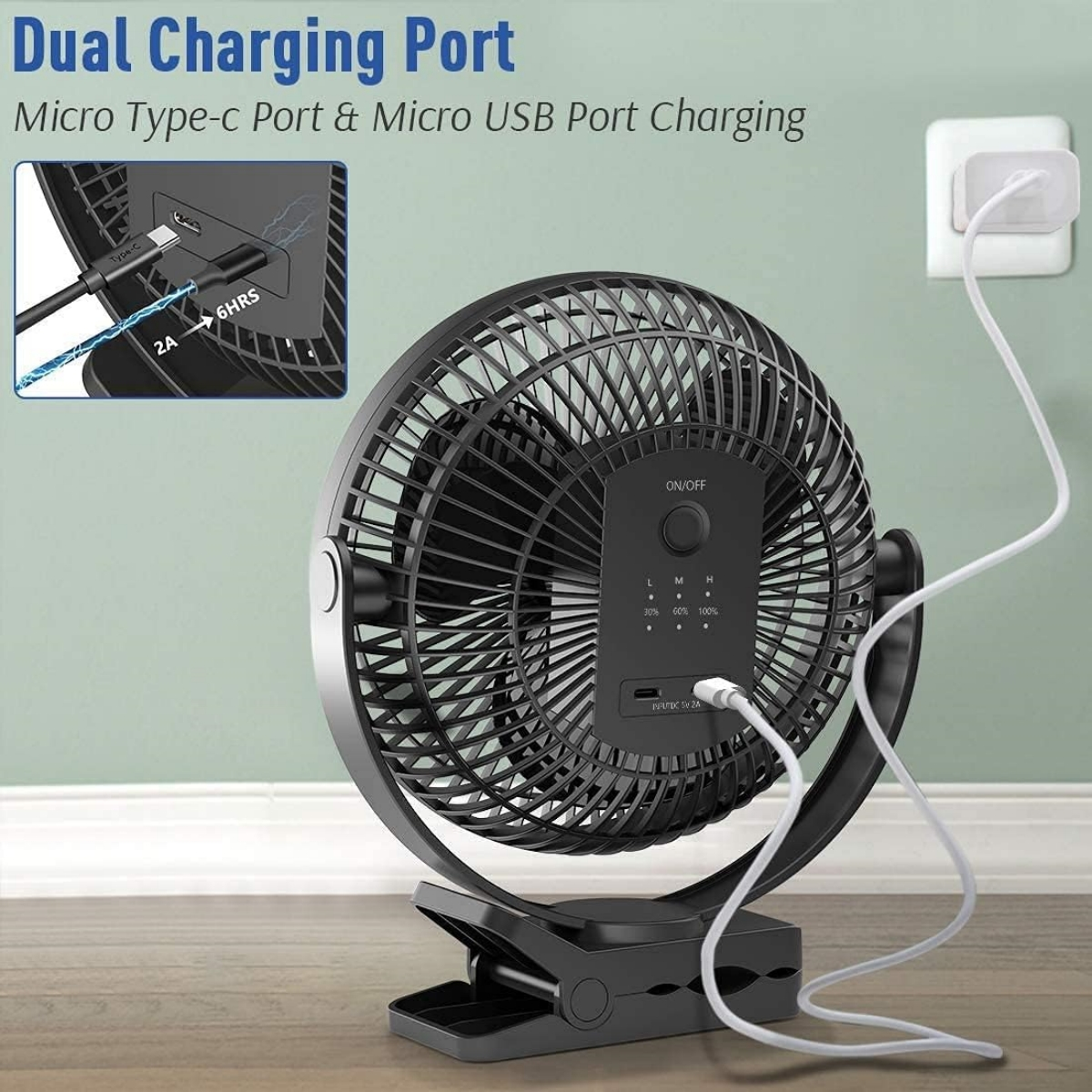 Ein schwarzer Ventilator mit Clip und Netzkabel. Der Ventilator wird mit einem USB-Kabel geladen.