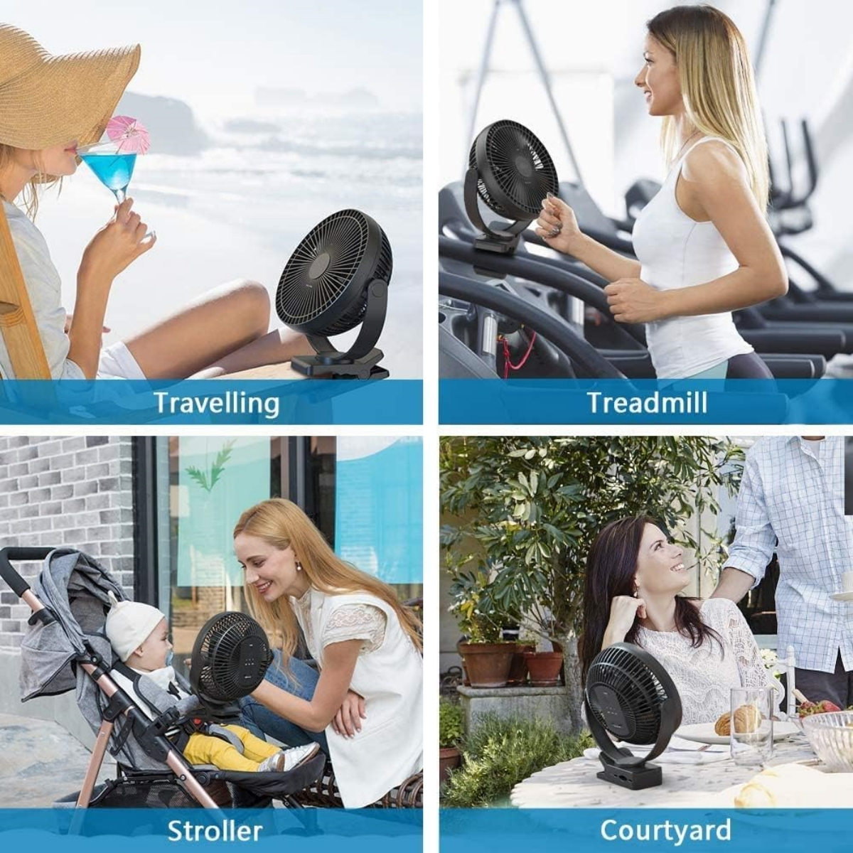 Mehrere Szenen zeigen kleine schwarze Ventilatoren in verschiedenen Umgebungen: Strand, Fitnessstudio, Kinderwagen, Innenhof.