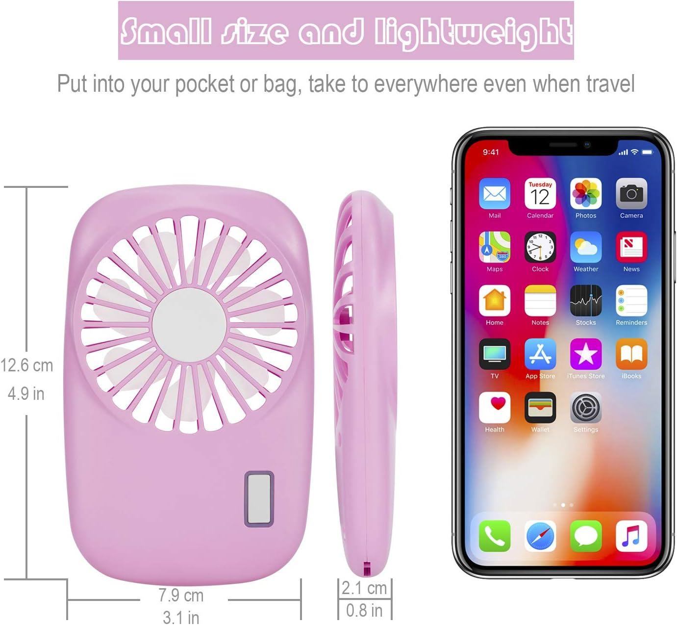 Pinkfarbener tragbarer Ventilator mit Maßangaben. Telefon mit Apps rechts.