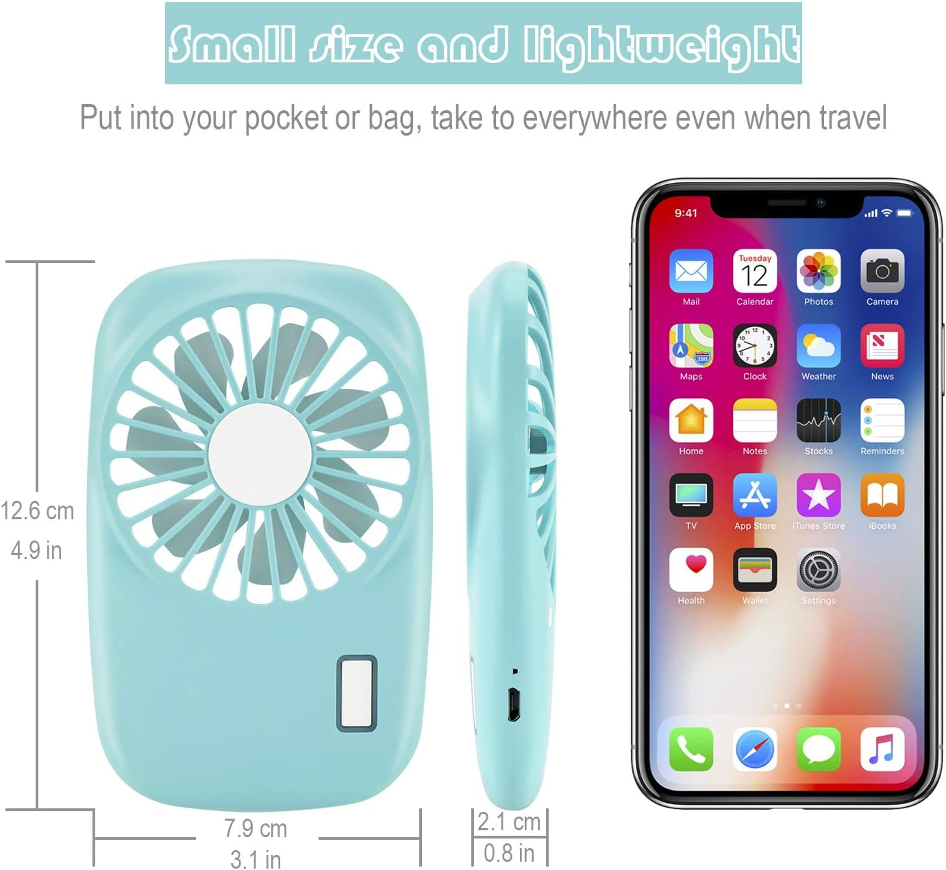 Ein hellblauer Mini-Ventilator mit Smartphone, mit Abmessungen und Textüberlagerung.
