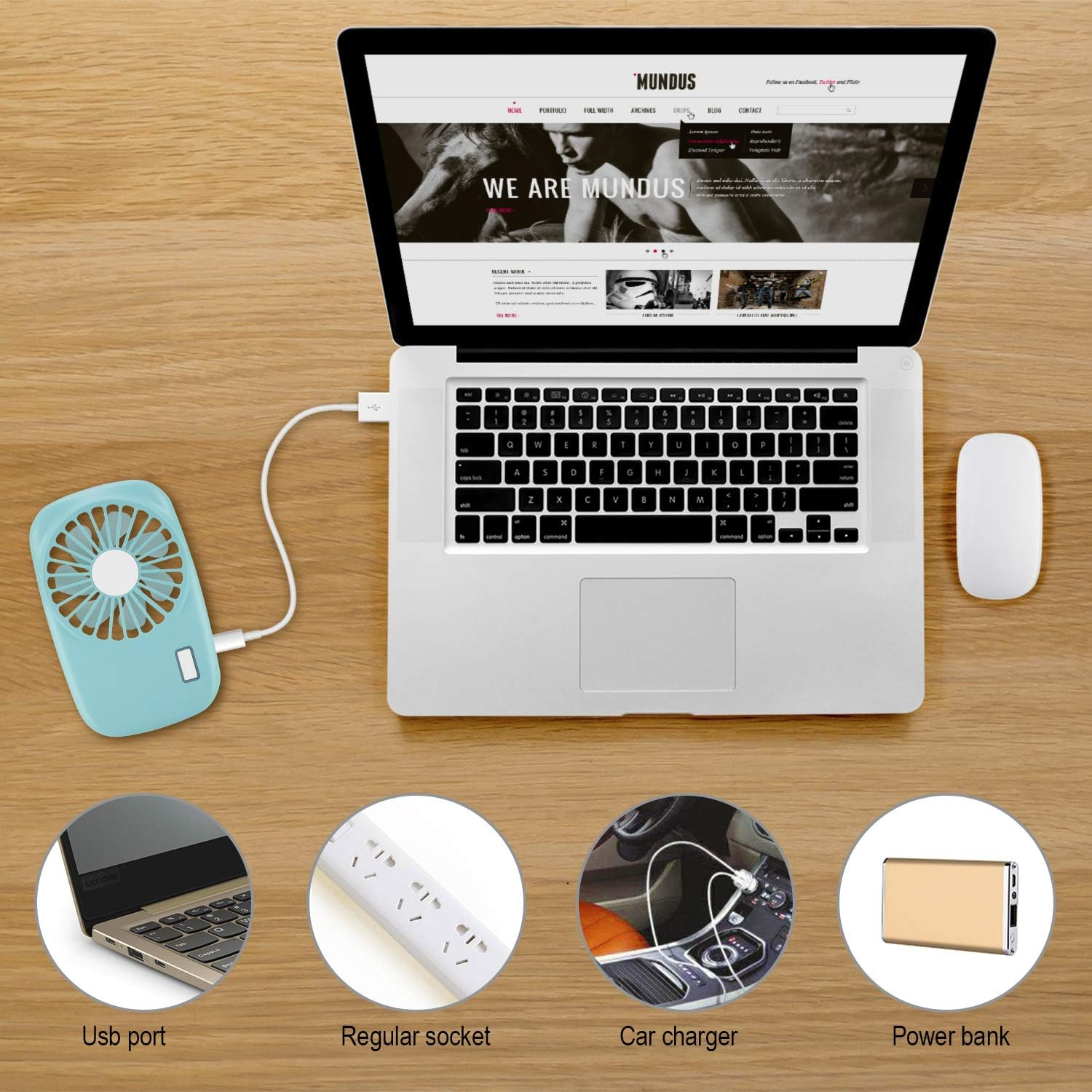 Laptop, Maus und kleiner Lüfter angeschlossen. Zu den Artikeln gehören ein USB-Anschluss, eine normale Steckdose, ein Autoladegerät und eine Powerbank. Holztisch.
