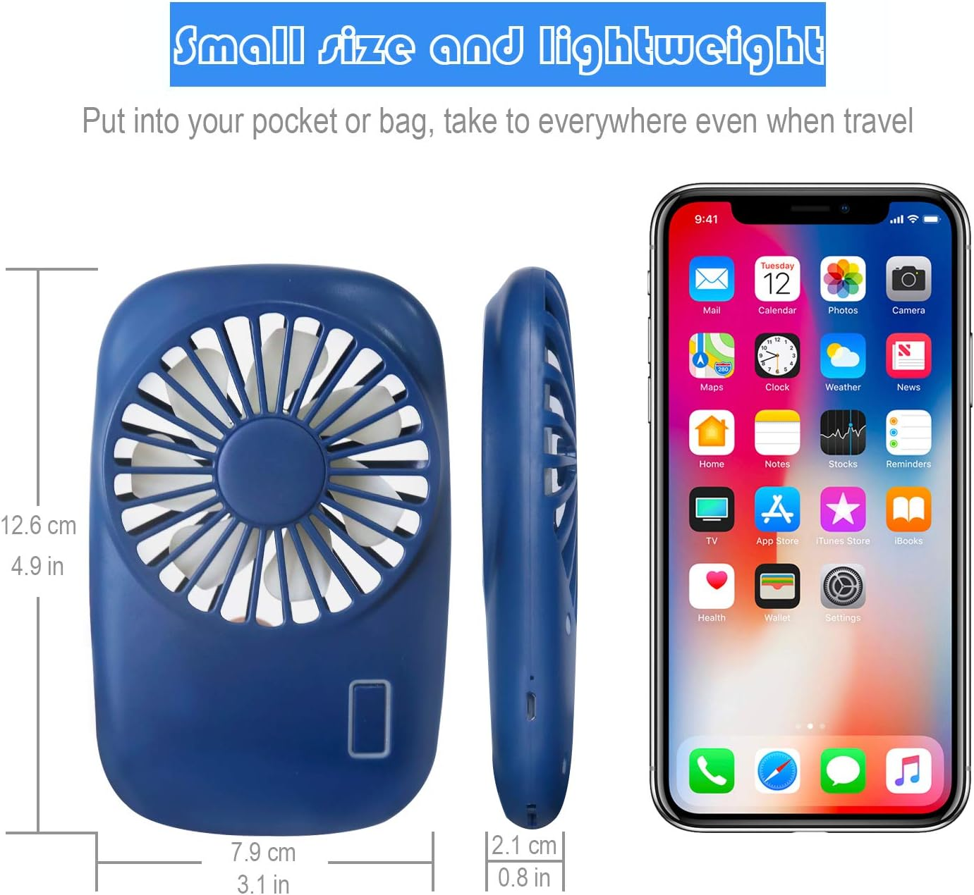 Blauer tragbarer Ventilator mit Abmessungen und ein Telefon, das Apps anzeigt.