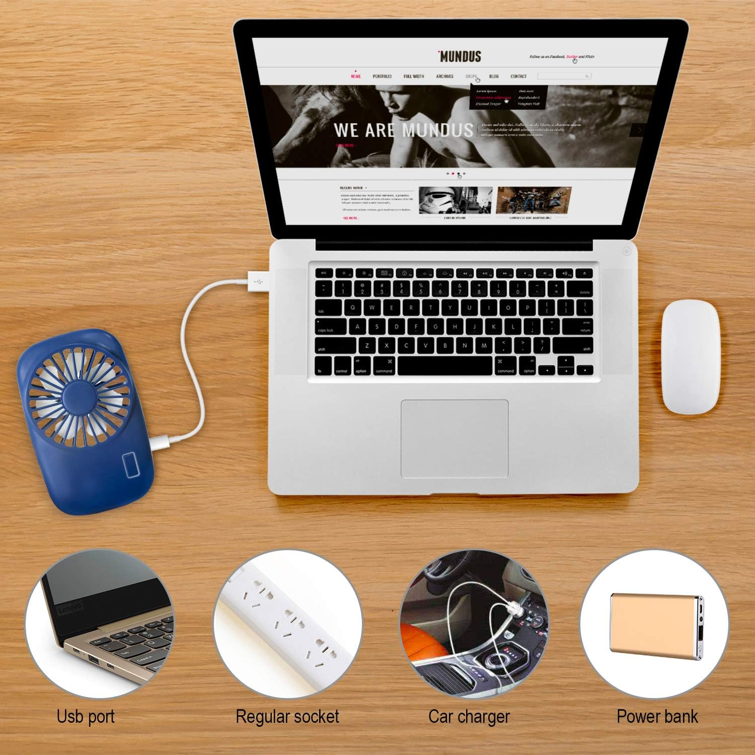 Laptop, blauer Ventilator, weiße Maus und Netzteile auf einem Holztisch. Ein USB-Anschluss und eine Steckdose.