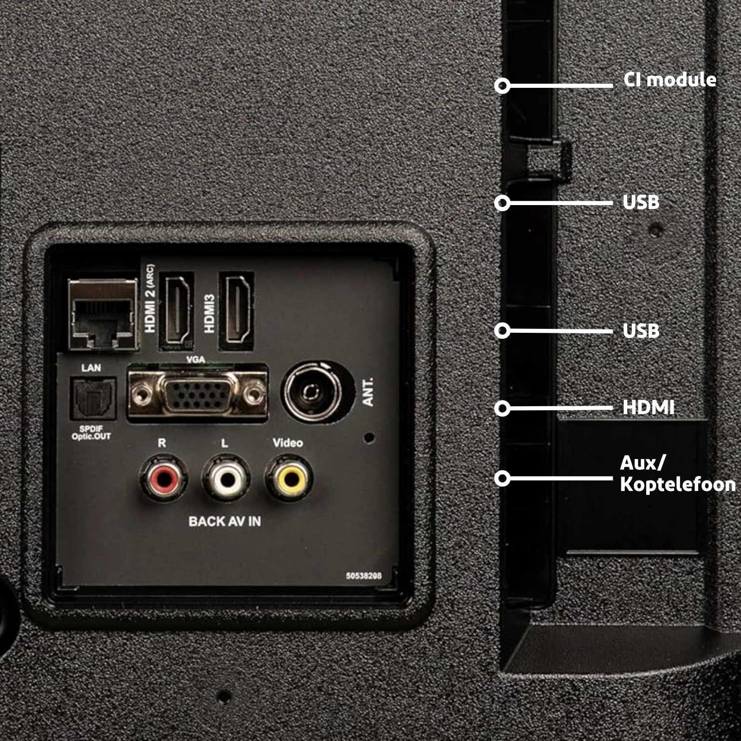 Achterpaneel van de tv met LAN, HDMI, USB en Audio/Video poorten.