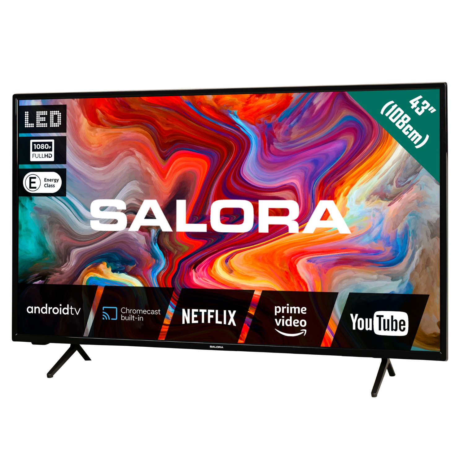 43-inch LED-tv, zwart frame, met SALORA-branding en pictogrammen voor Android TV, Netflix en YouTube.