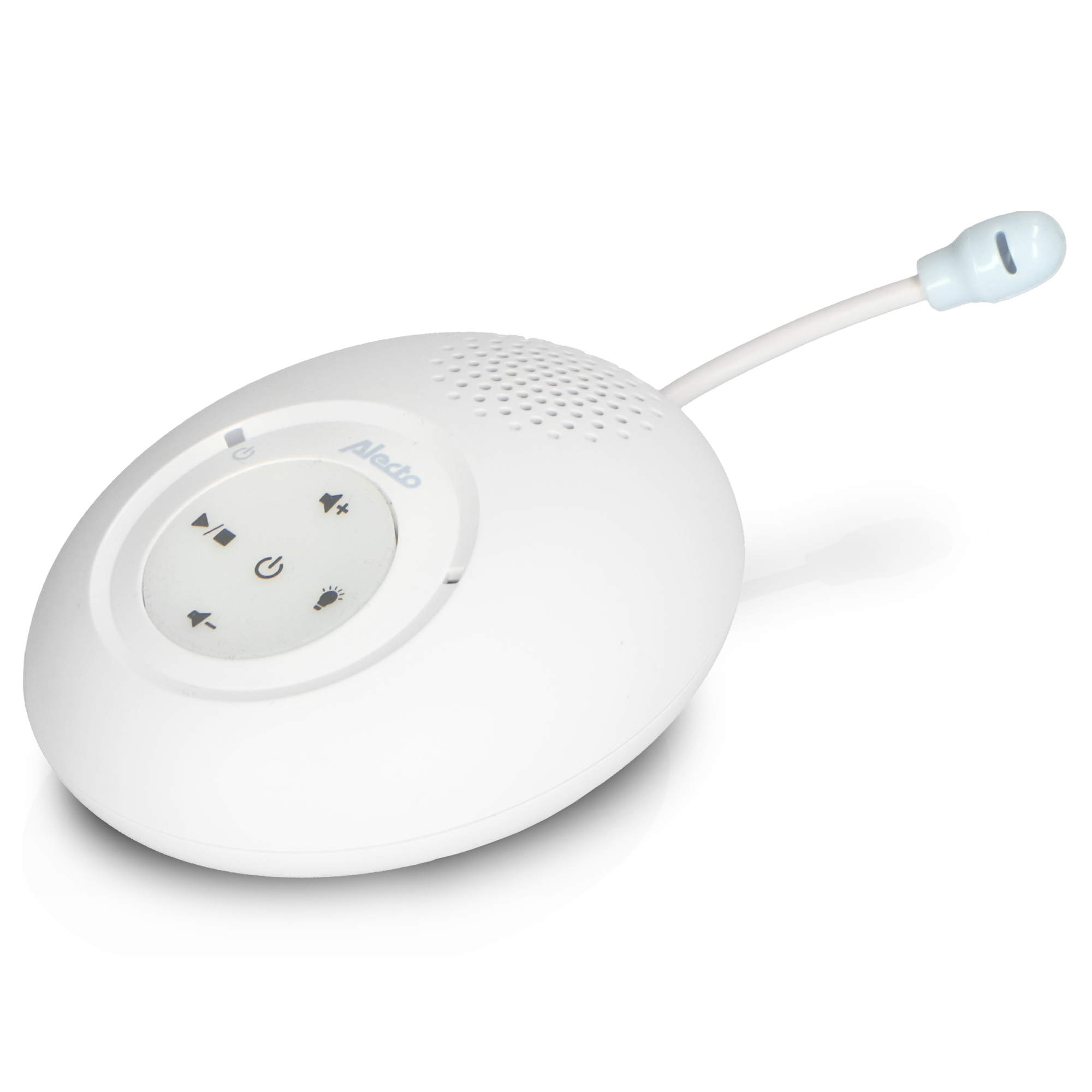 Un monitor para bebés Alecto blanco con botones, orificios para altavoces y un brazo de micrófono flexible.