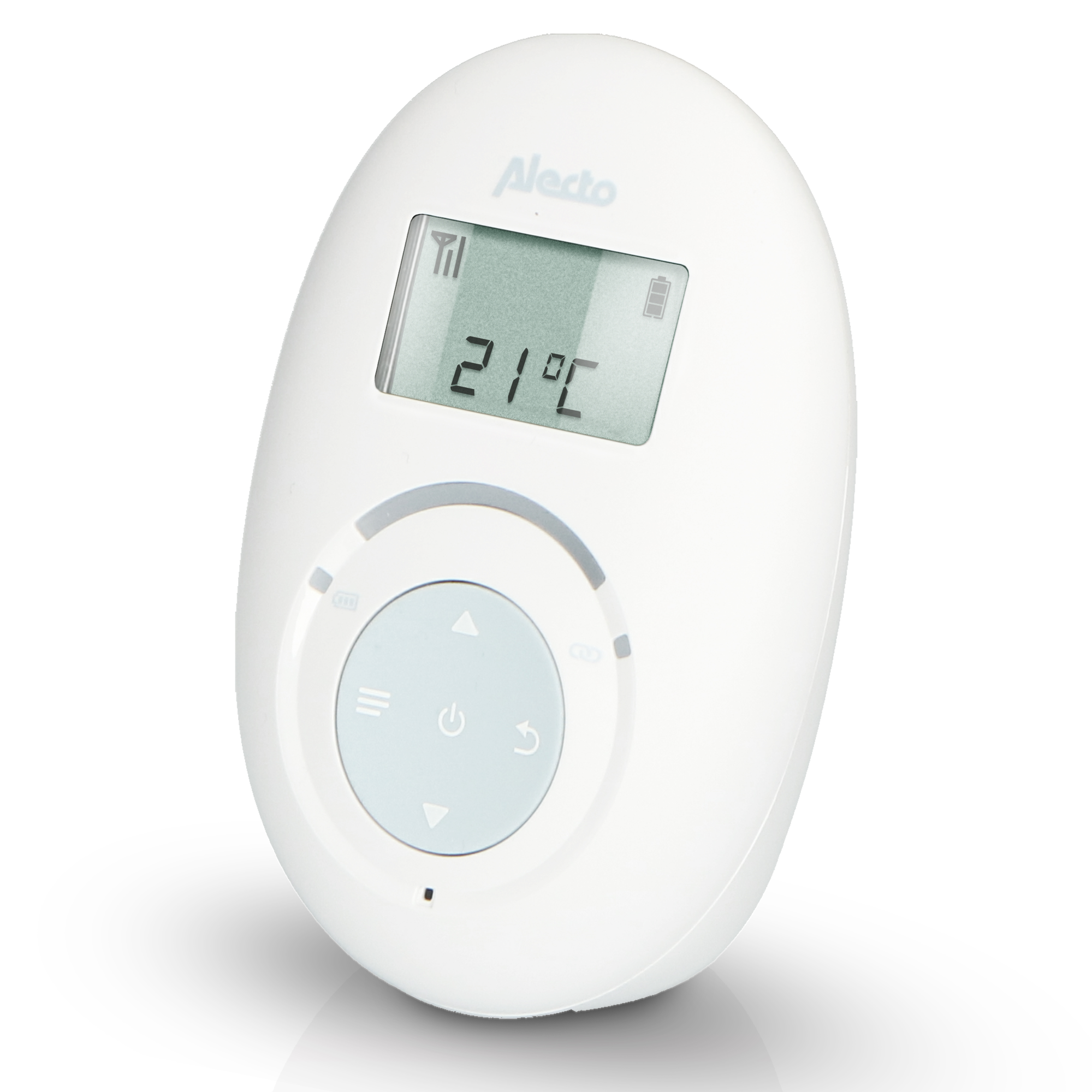 Un monitor para bebés blanco con una pantalla digital que muestra la temperatura.