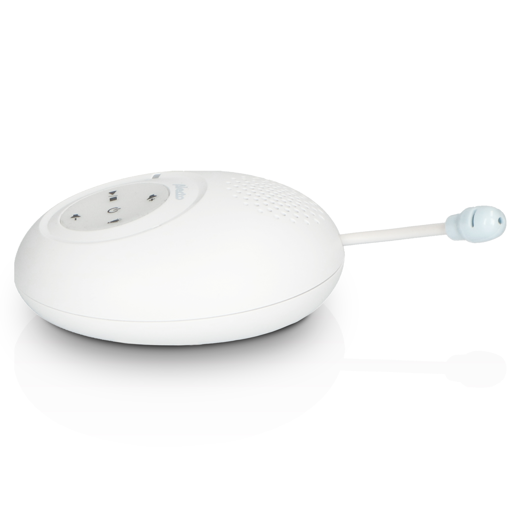 Una máquina de sonido para bebés blanca y redonda con botones y un brazo de altavoz azul flexible.