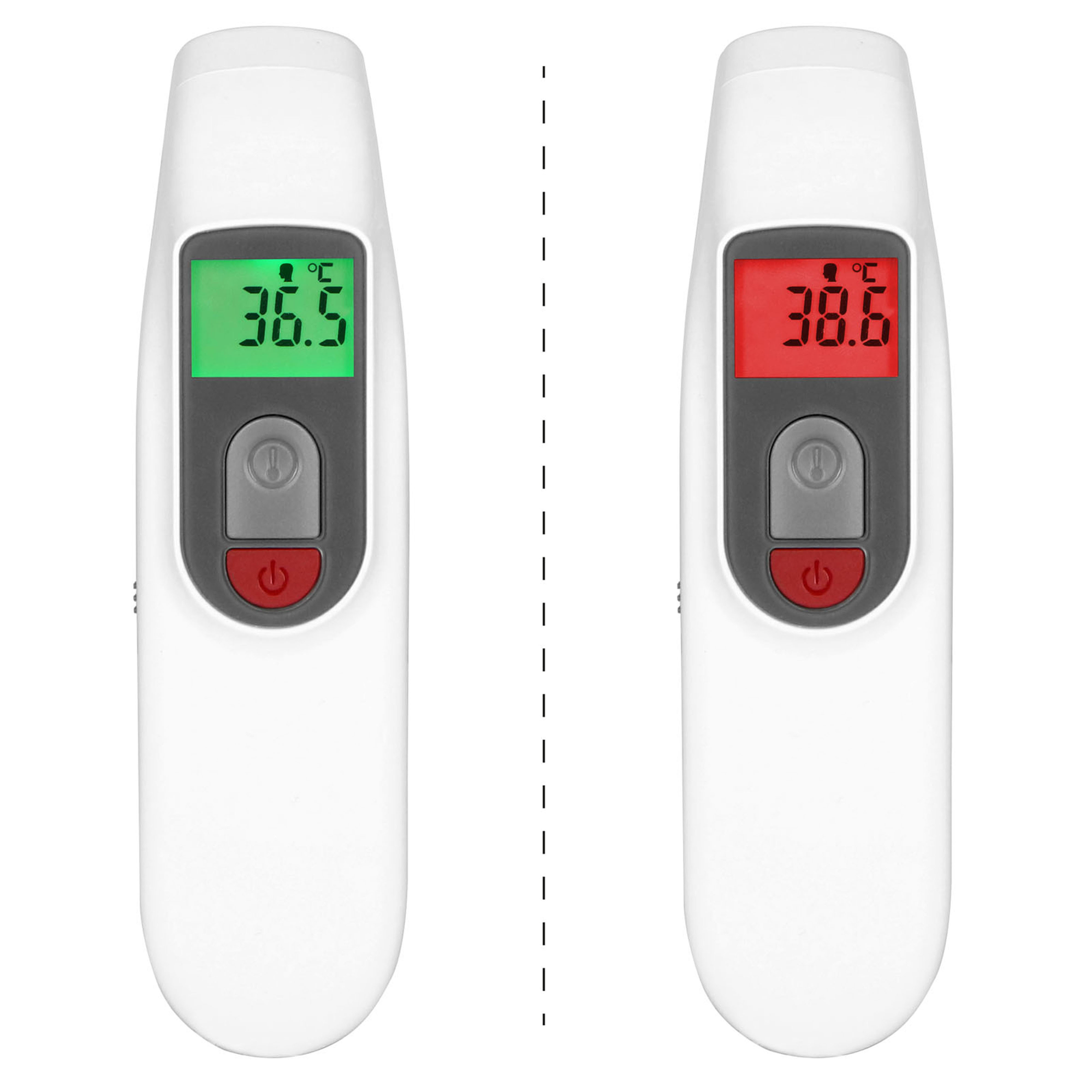 Zwei weiße Thermometer. Eines zeigt 36,5°C (grün). Das andere zeigt 38,6°C (rot).