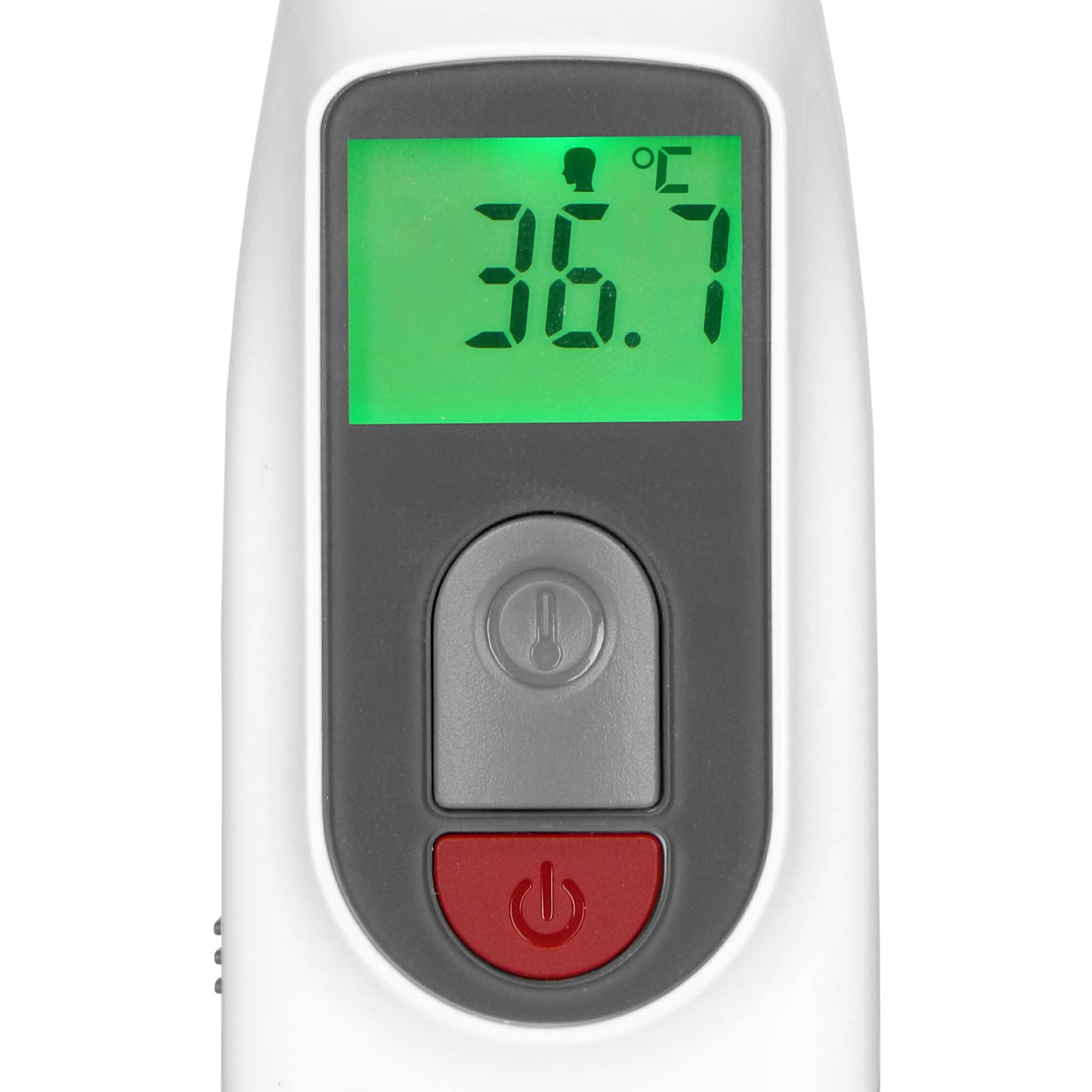 Ein weißes Thermometer mit einem grünen Bildschirm, der 36,7 Grad Celsius anzeigt. Rote Ein/Aus-Taste.