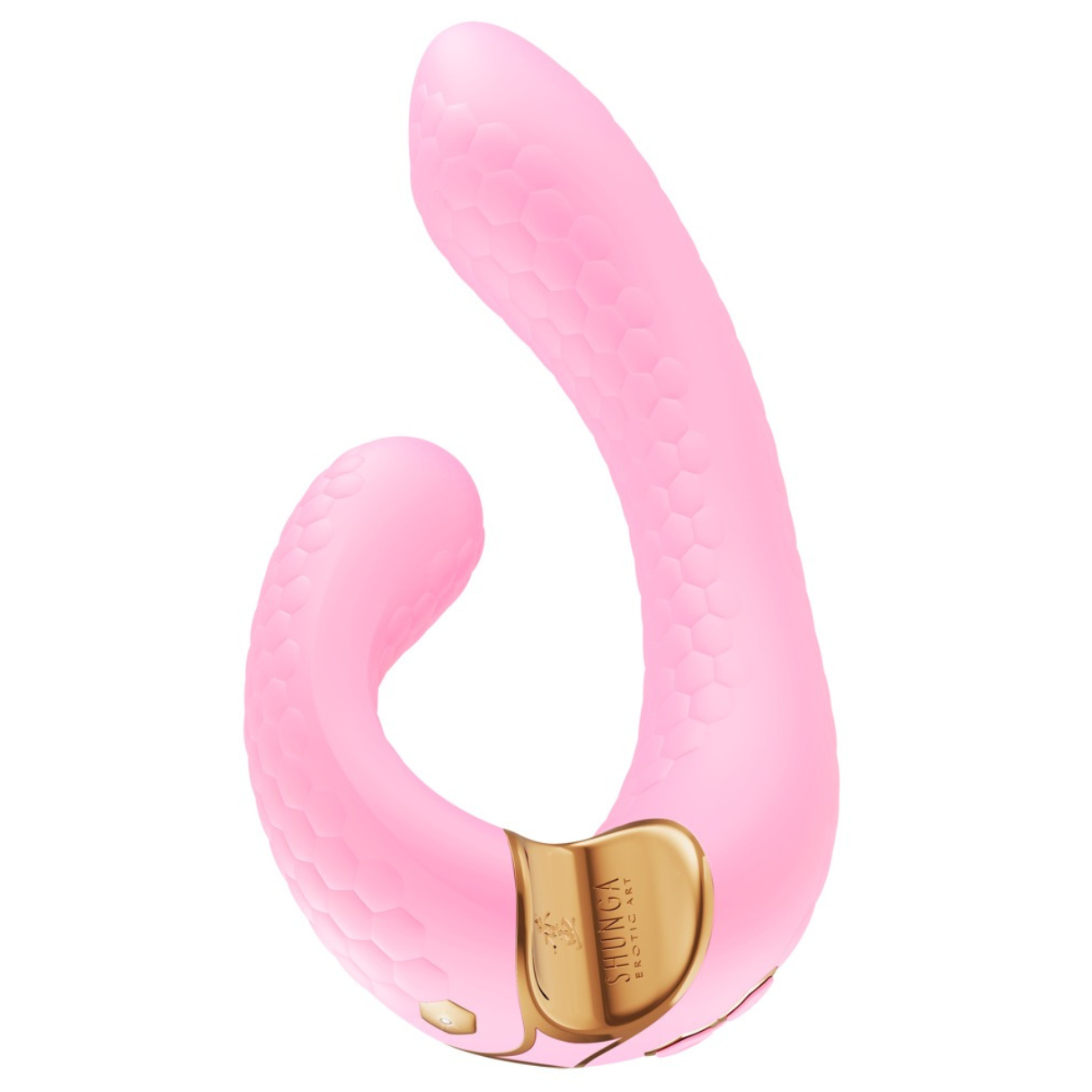Juguete sexual rosa. Diseño curvo con superficie texturizada. Marca dorada en el lateral.