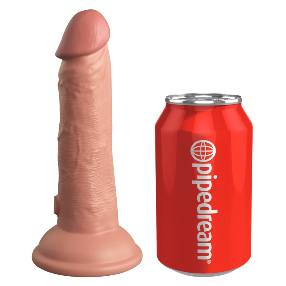 Ein großer, fleischfarbener Sexspielzeug steht neben einer roten Dose mit dem Pipedream-Logo.