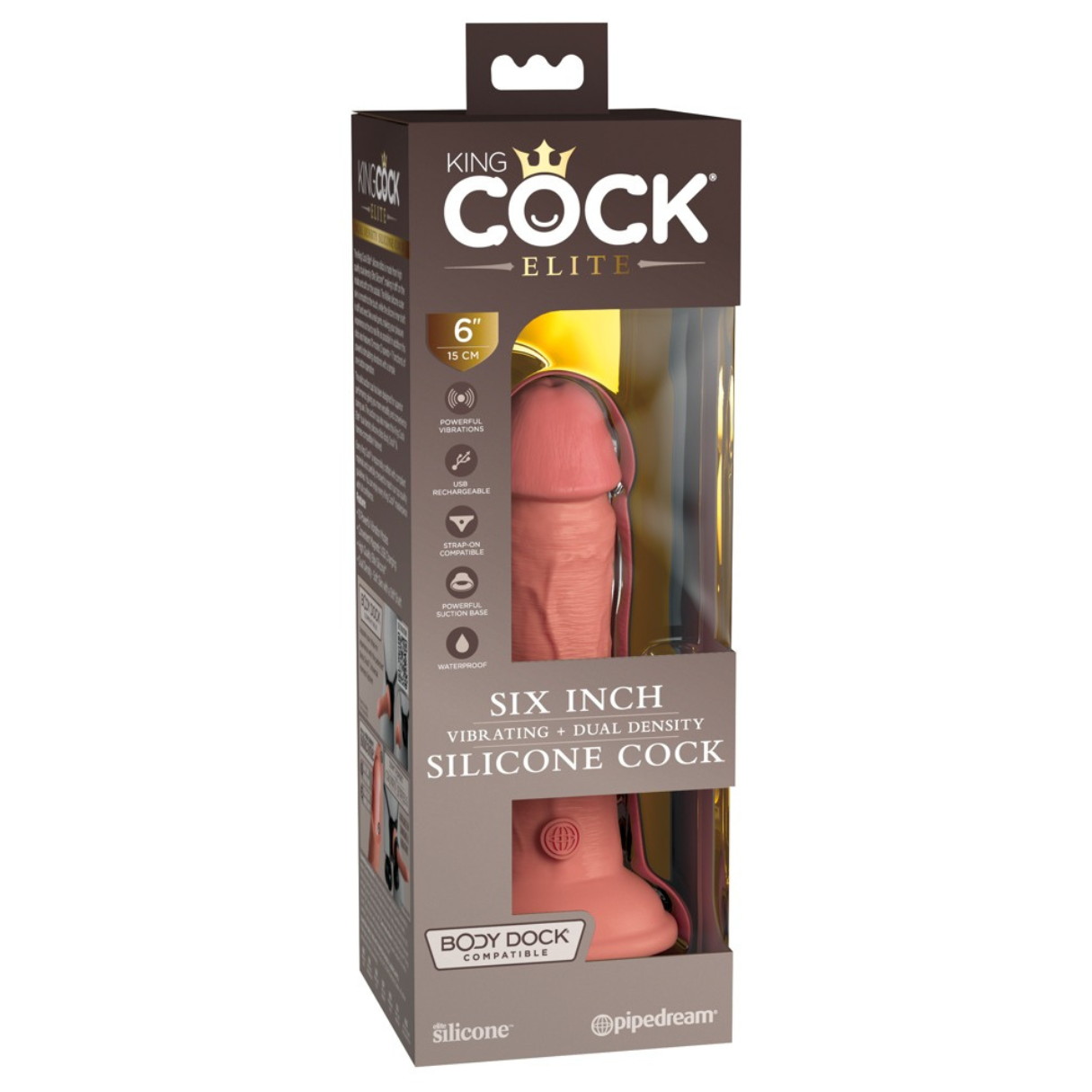 Eine Box für ein Sexspielzeug. Auf der Box steht 'King Cock Elite' und 'Six inch silicone cock'. Das Spielzeug selbst ist in der Box sichtbar.