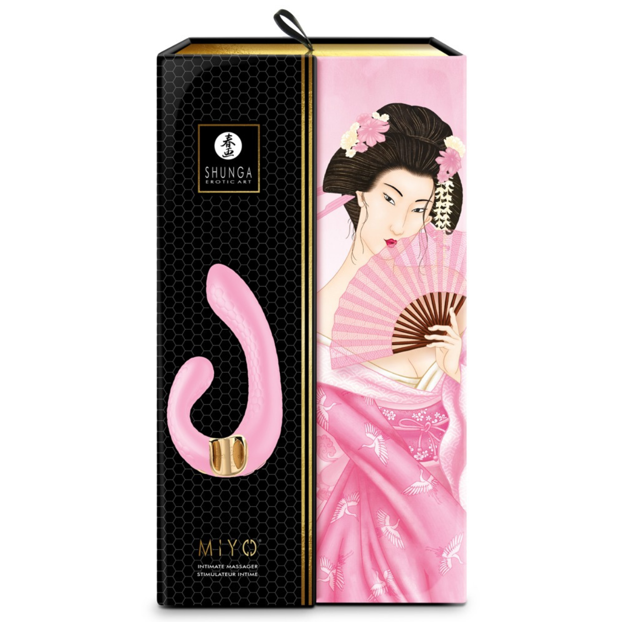 Caja con una ilustración de geisha. Vibrador rosa visible. Marca Shunga Exotic Art.