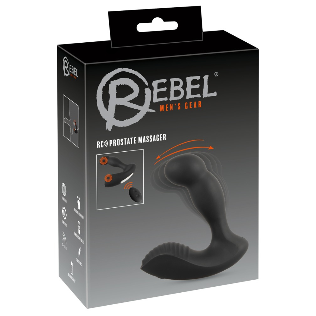 Eine schwarze Box für Rebel Men's Gear, mit einem Prostatamassager. Die Box hat ein Logo drauf.