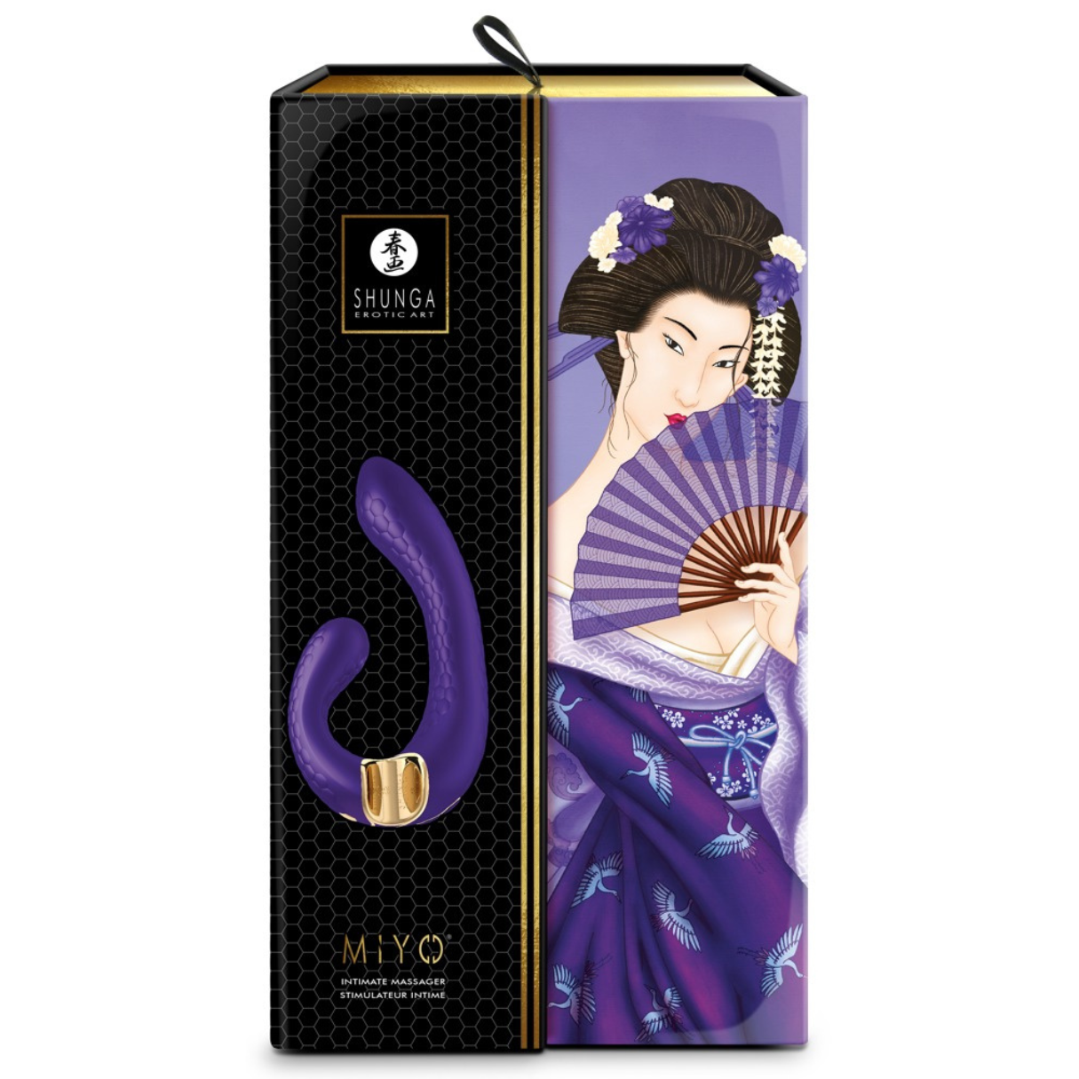 Caja con un juguete sexual morado e ilustración de una mujer. Fondo negro y dorado.