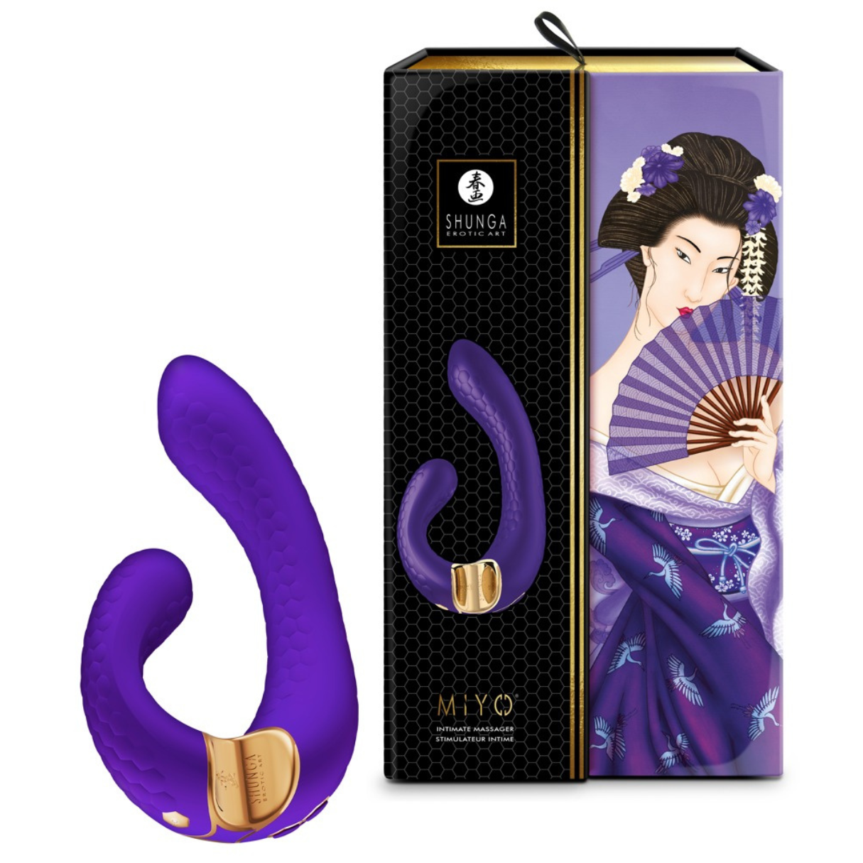 Juguete sexual morado con ilustración de geisha en el embalaje.