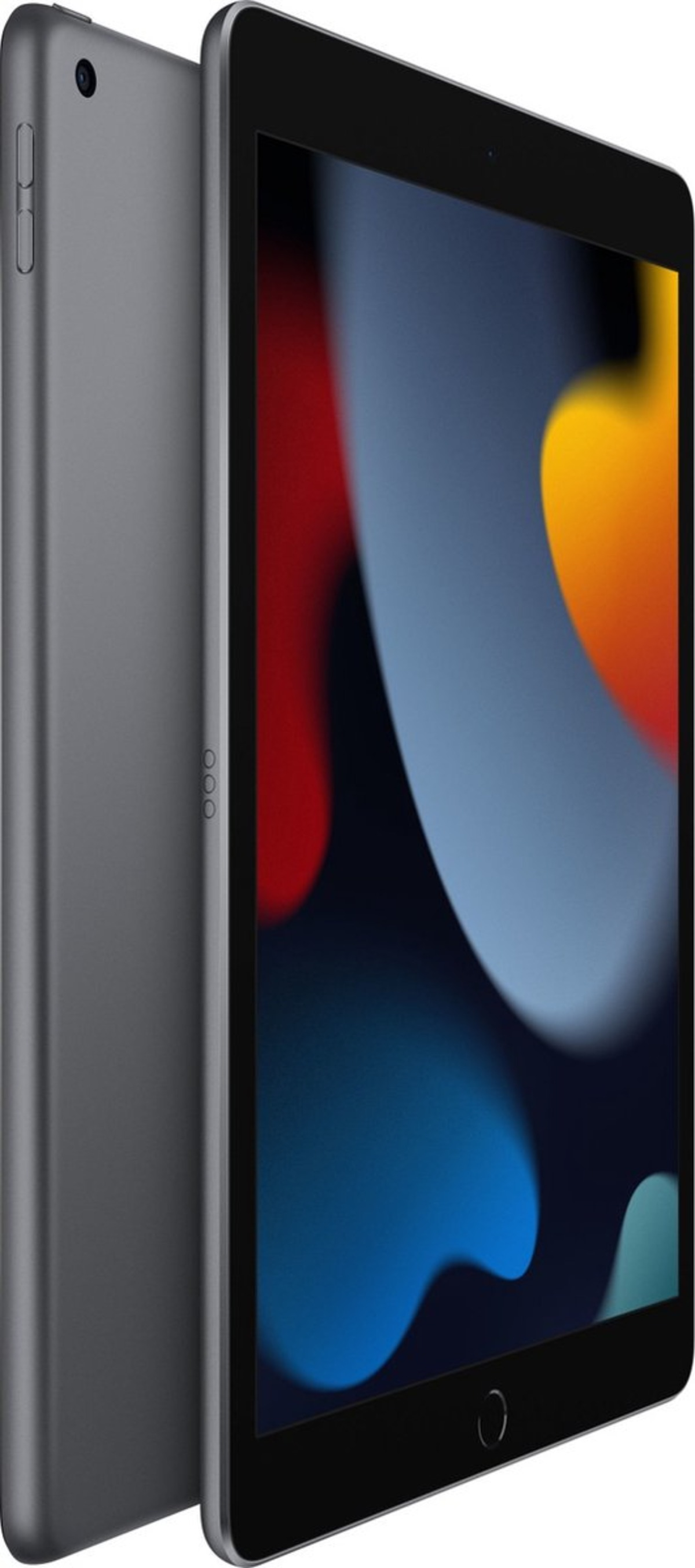 Grijze tablet, zij- en vooraanzicht. Voorkant toont scherm. Rechts heeft bedieningselementen.