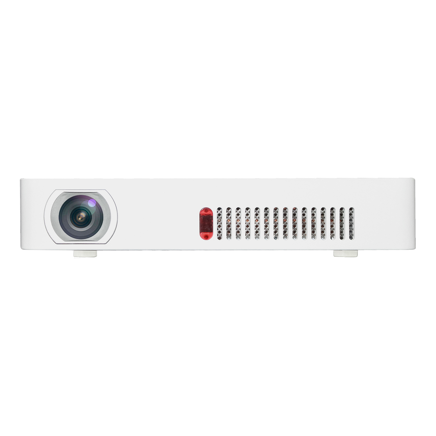 Projecteur blanc avec une lentille et un voyant rouge.