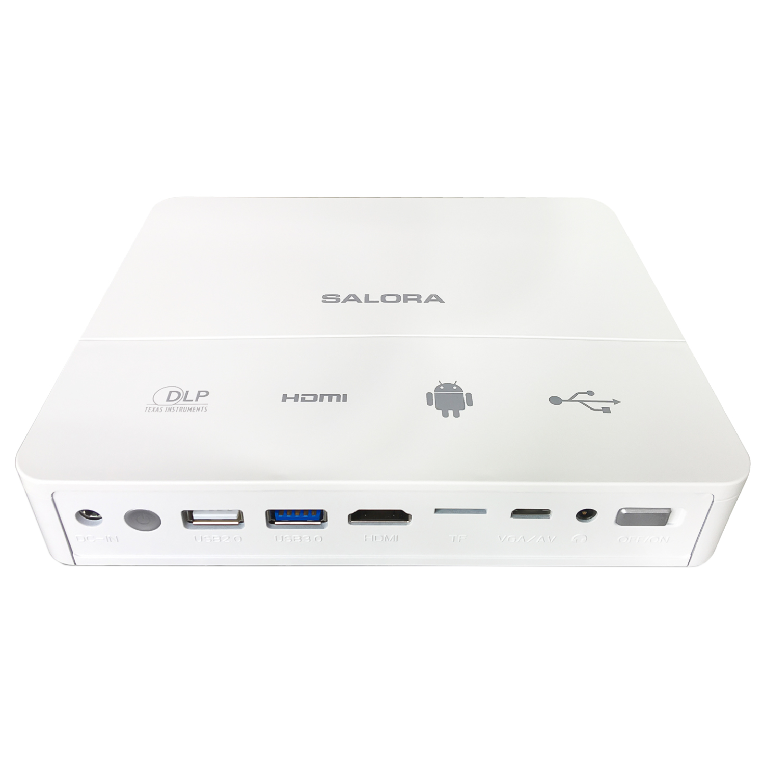 Appareil blanc avec ports et le texte SALORA. Les ports incluent USB, HDMI et un emplacement. Logo Android.