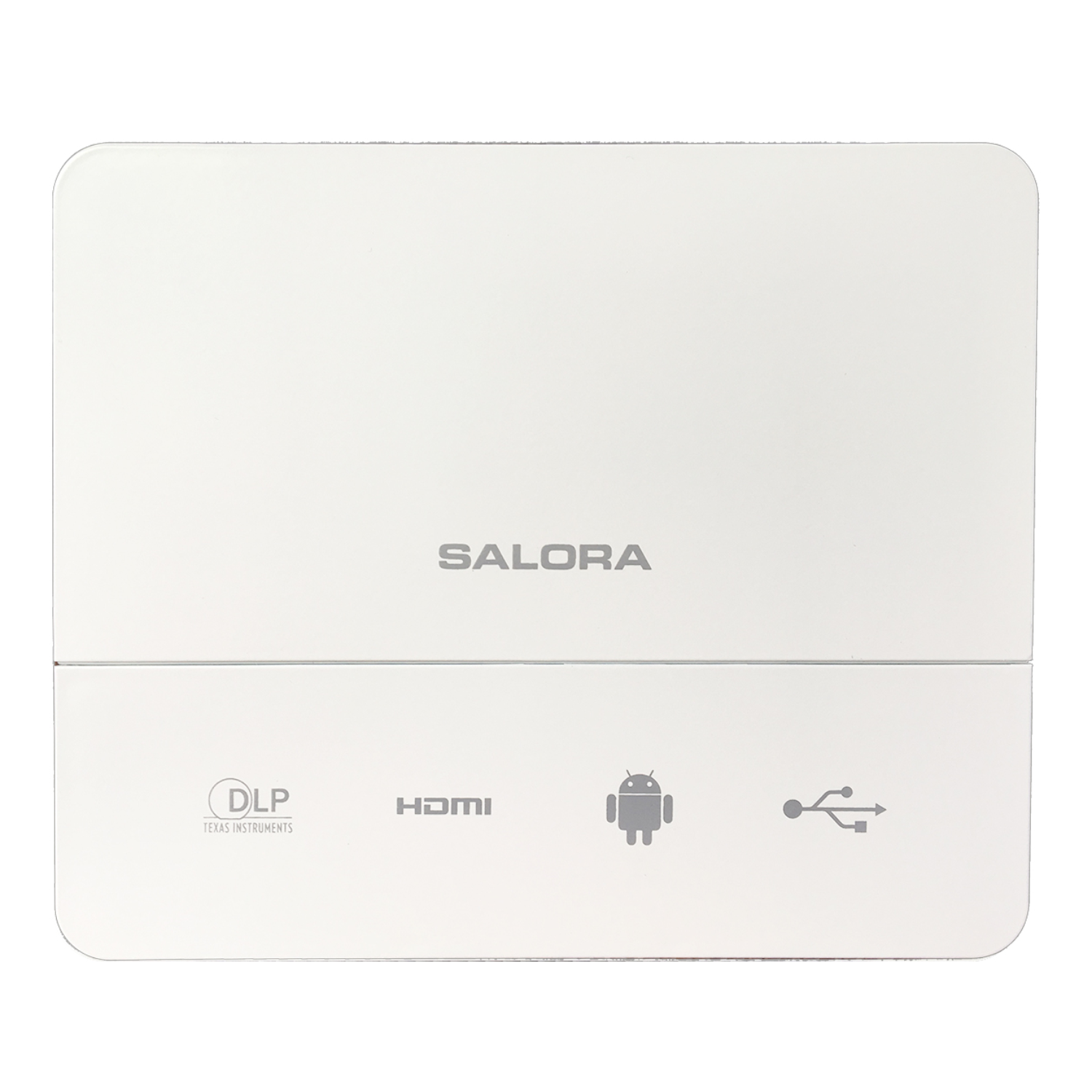 Appareil Salora blanc avec sections supérieure et inférieure, avec logos DLP, HDMI et Android.