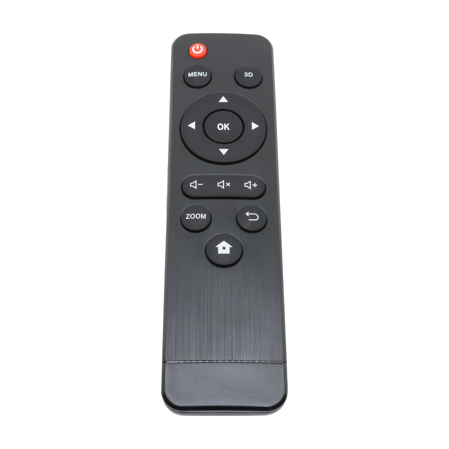 Télécommande TV noire avec plusieurs boutons, dont marche/arrêt, menu, OK et contrôle du volume.