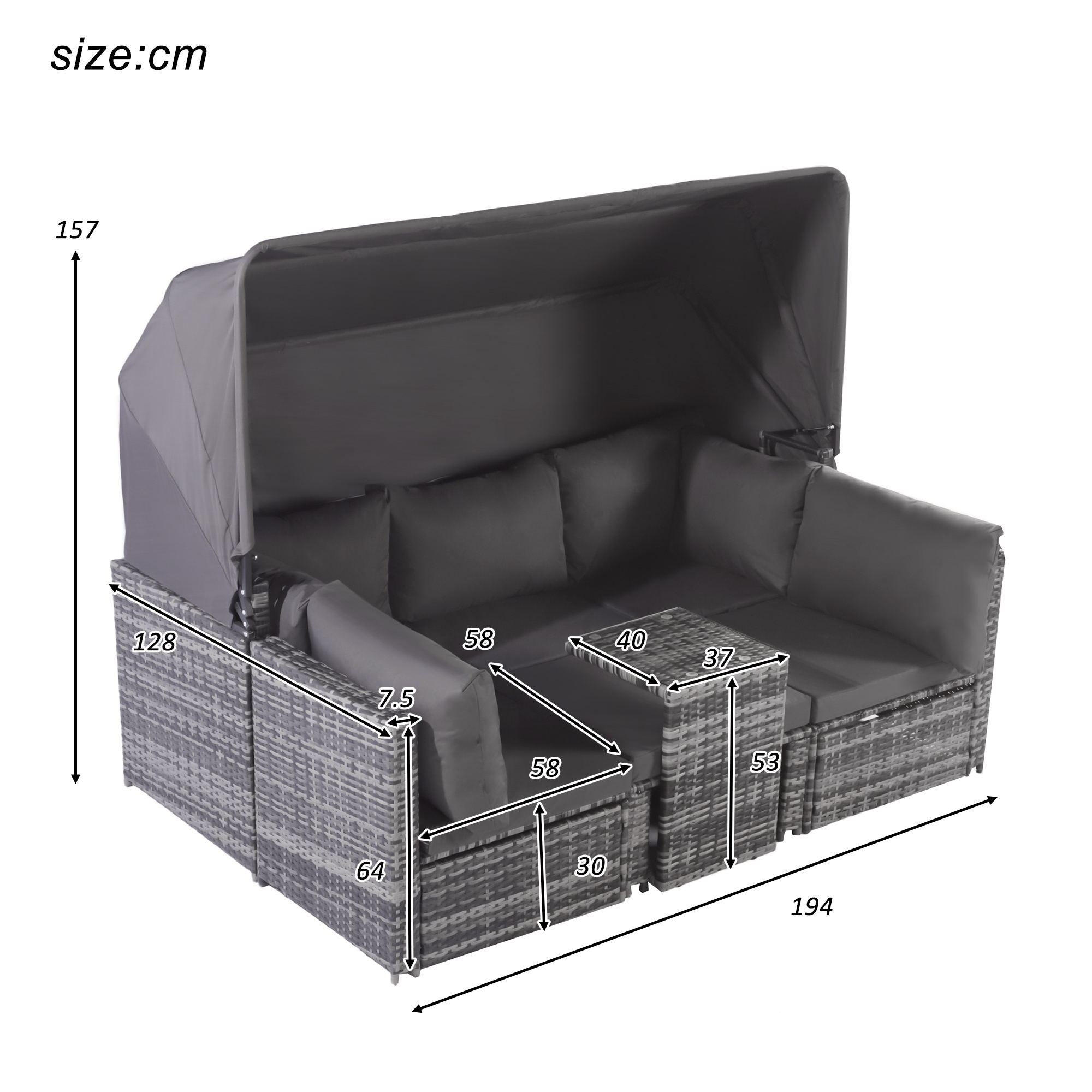 Graues Outdoor-Sofa mit Baldachin, Kissen und kleinem Tisch. Abmessungen sind angegeben.
