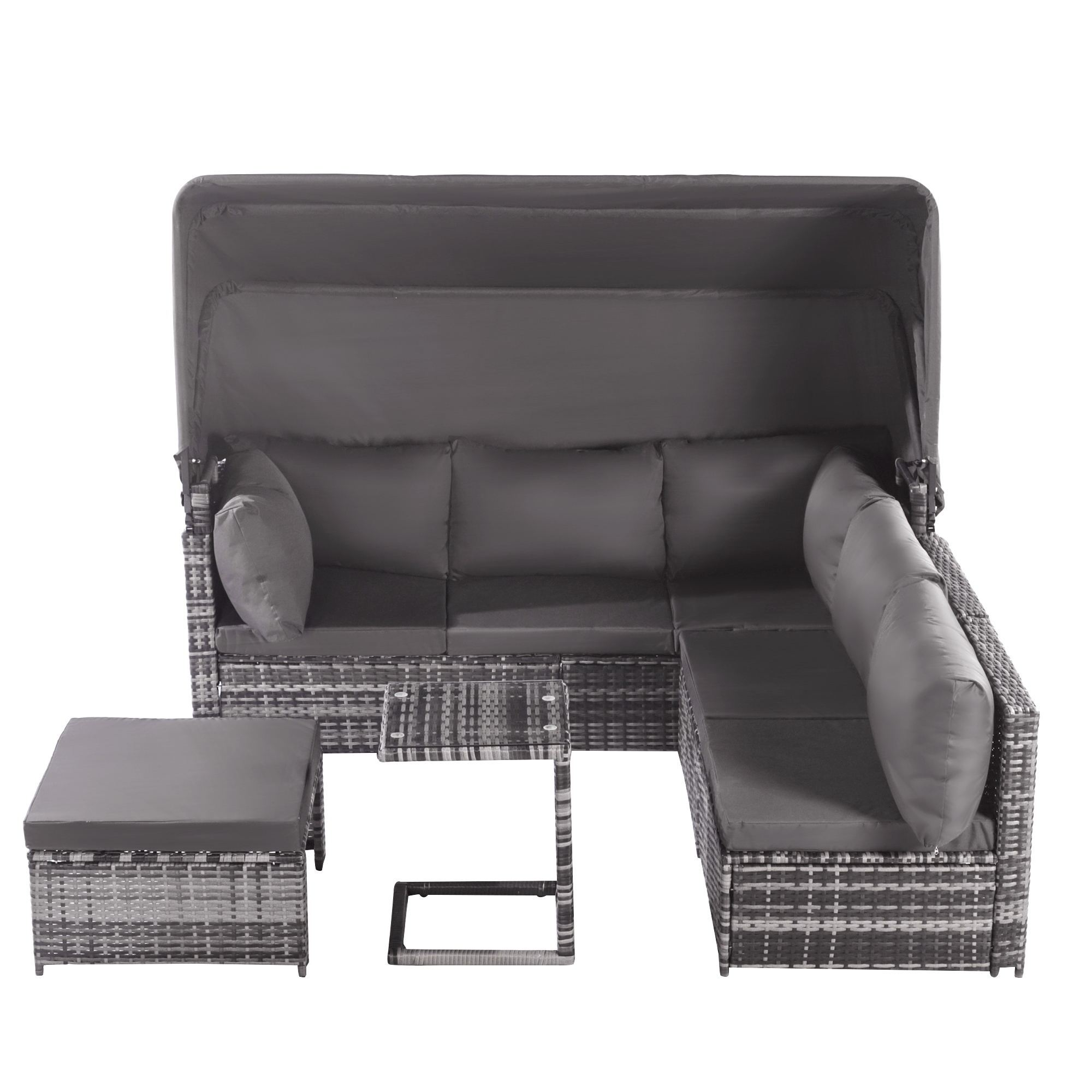 Outdoor-Ecksofa mit Baldachin. Graue Kissen, ein Tisch und eine Fußstütze sind enthalten.