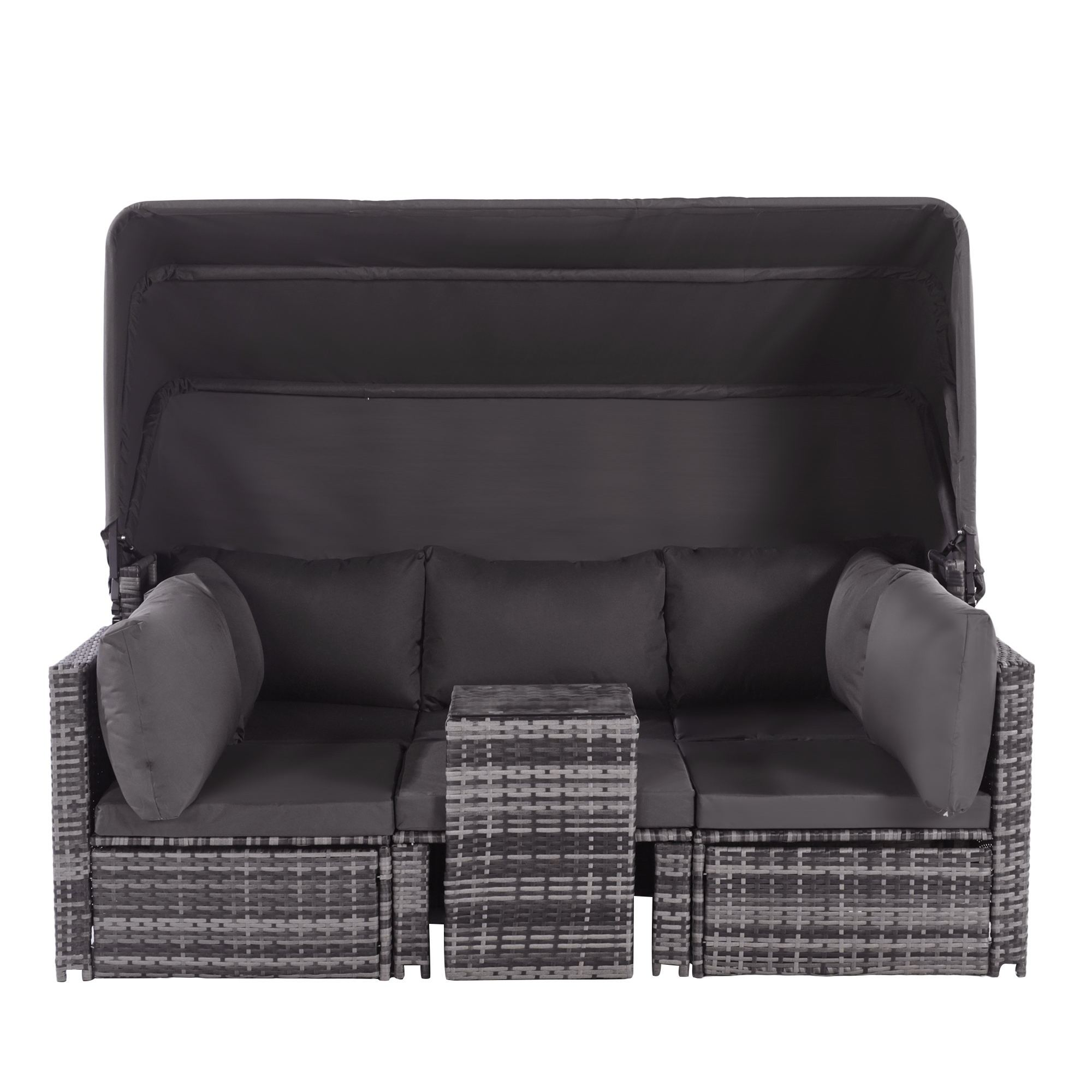 Ein graues Outdoor-Sofaset mit Baldachin. Es beinhaltet einen Tisch und drei Kissen.