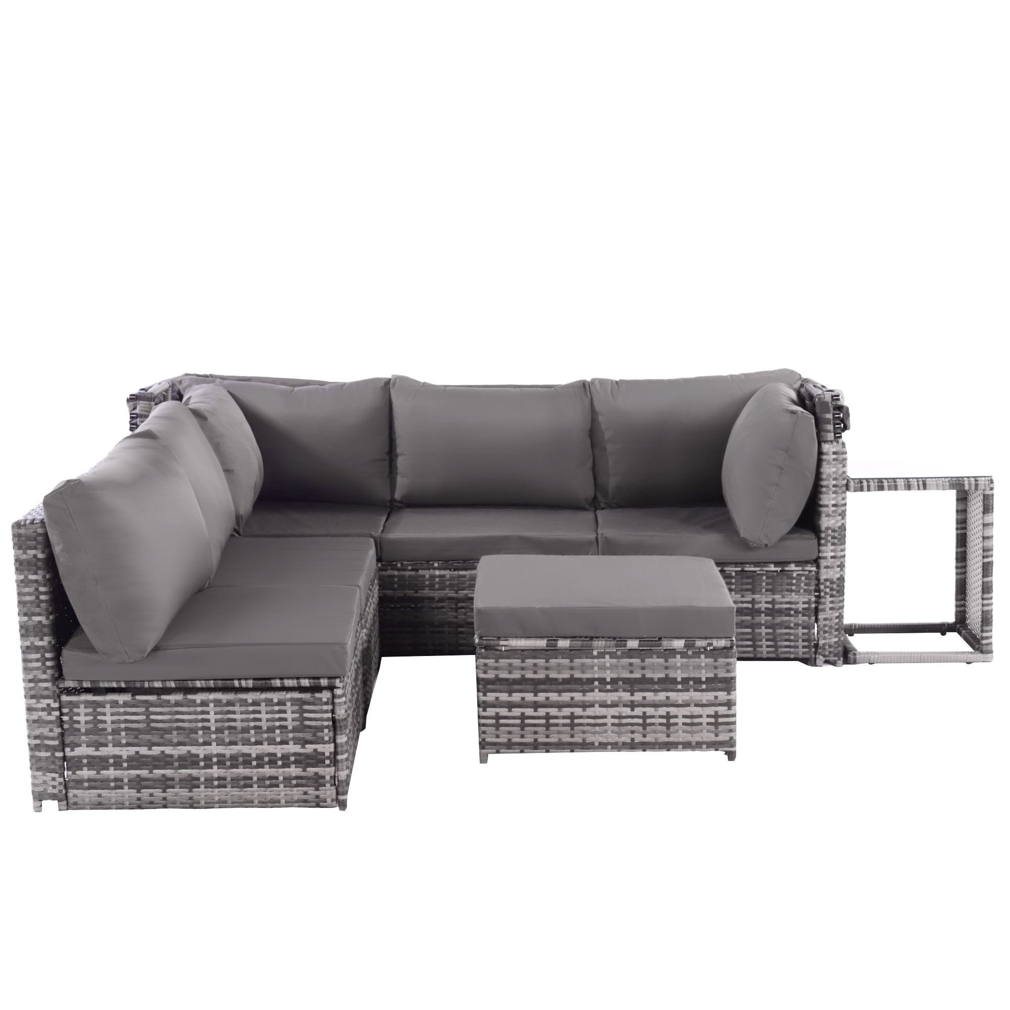 Ein Outdoor-Wicker-Sofaset mit Ecksofa, Ottoman und Beistelltisch in Grautönen.
