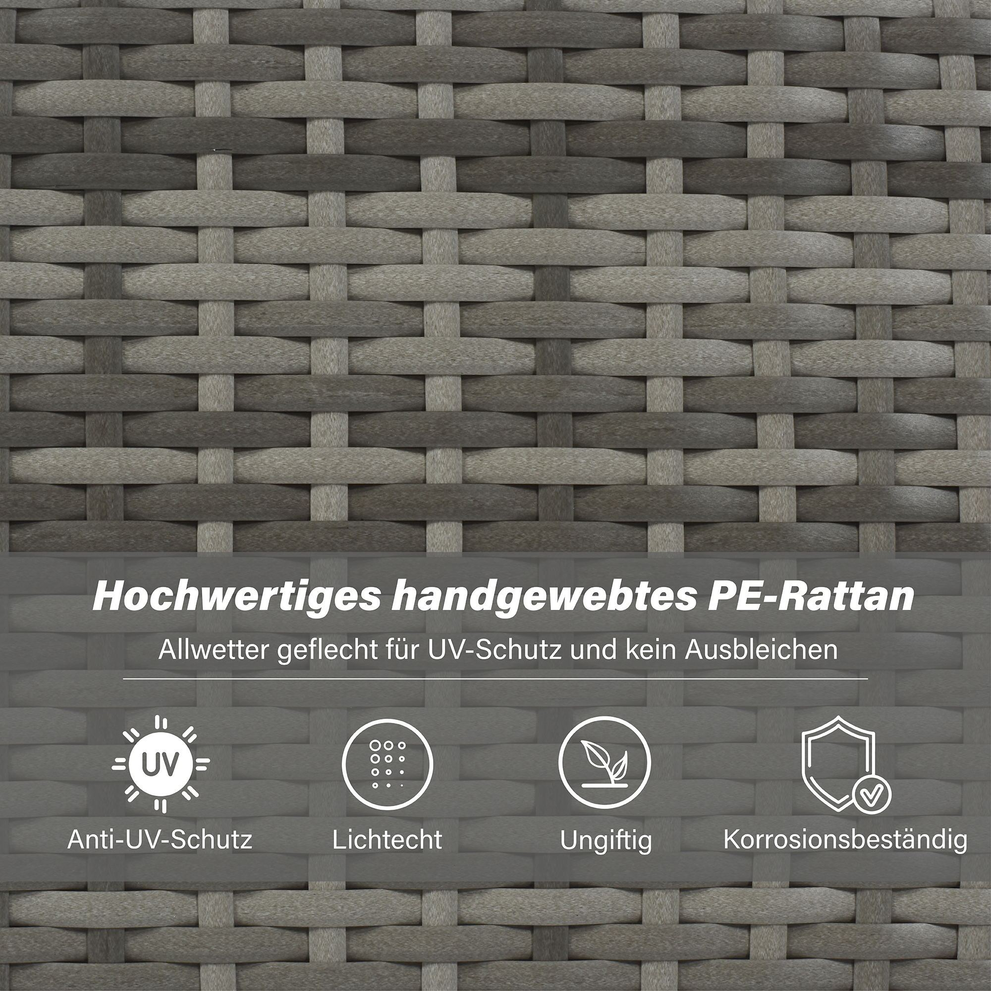 Nahaufnahme der grauen, gewebten Rattanstruktur mit Text und Symbolen, die UV-Schutz und Haltbarkeit anzeigen.
