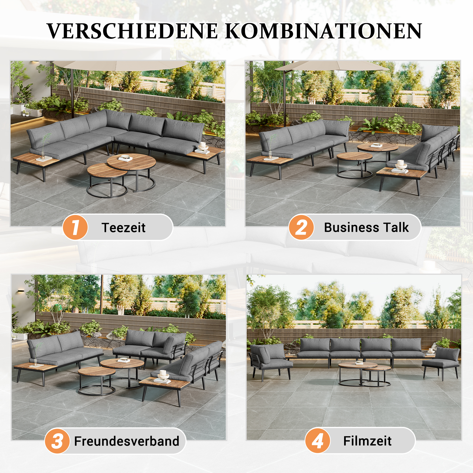 Vier verschiedene Sitzanordnungen im Freien mit Tischen und Sofas.