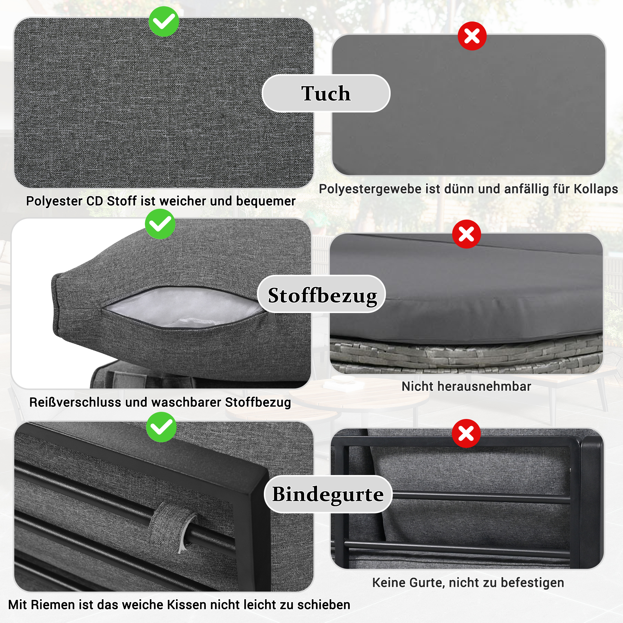 Diagramm mit Stoffoptionen für ein Kissen. Enthält Stoffmuster und Etiketten.
