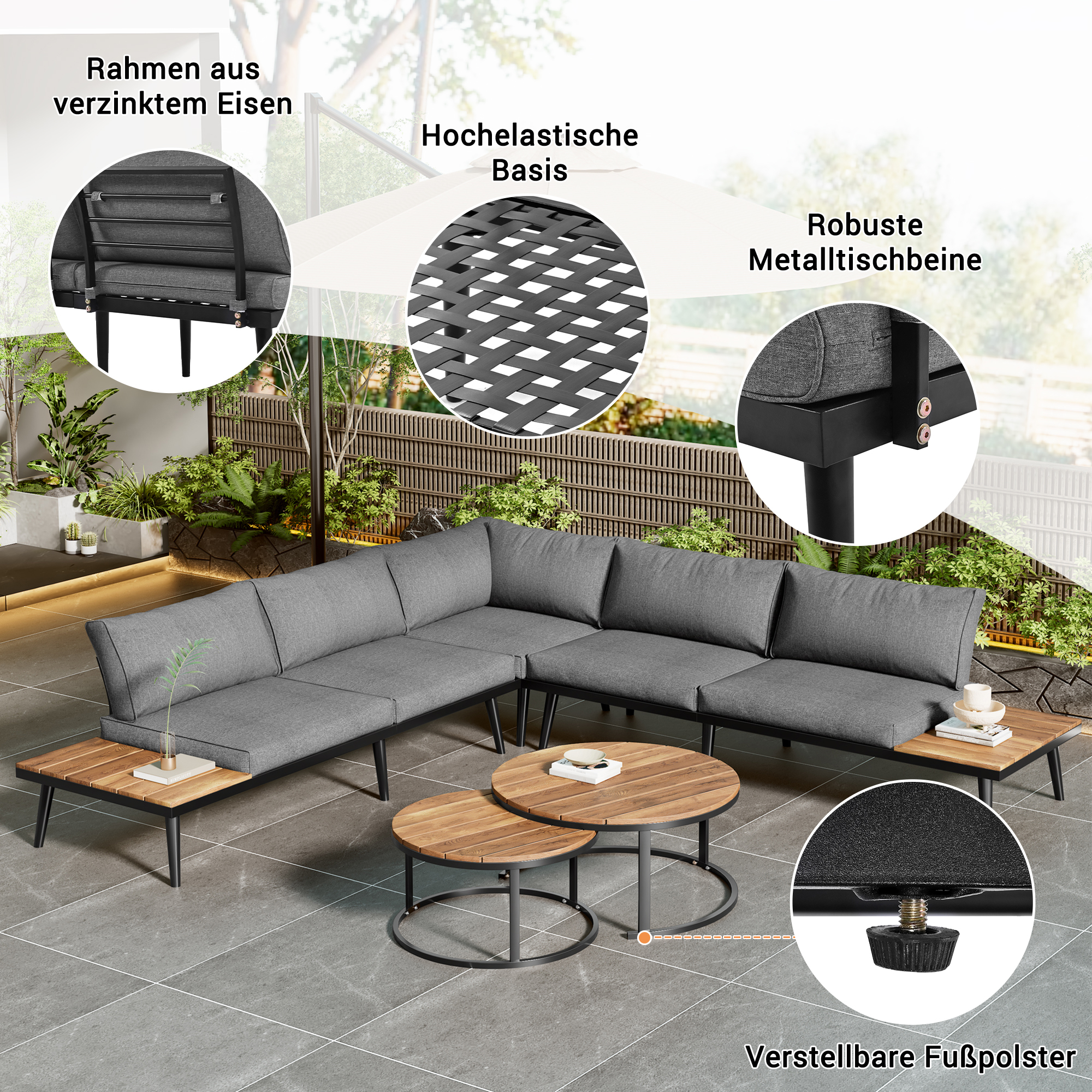 Outdoor-Sofa-Set mit grauen Kissen, Holztischen und Metallrahmen.
