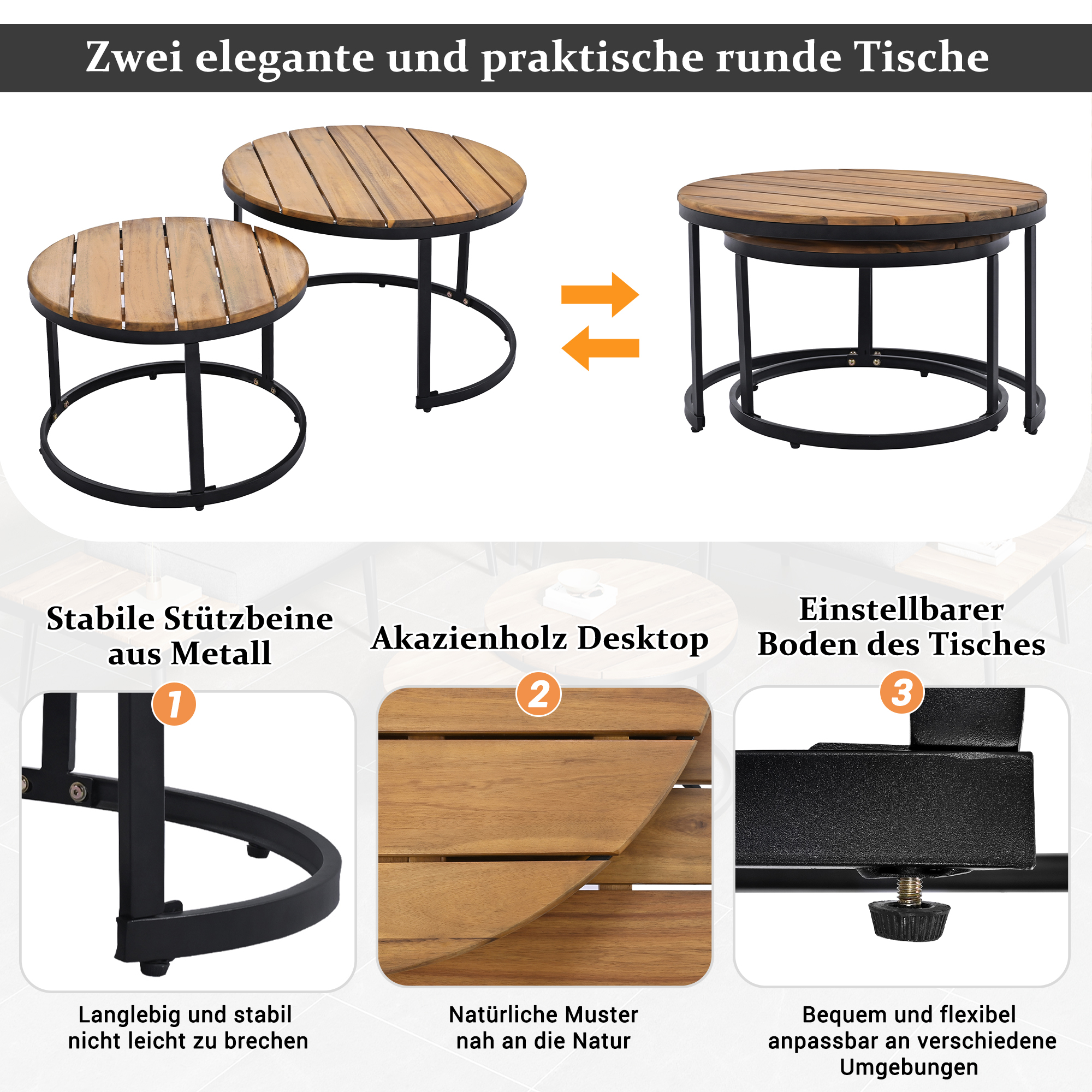 Zwei runde Holztische auf weißem Hintergrund. Text und Diagramme beschreiben die Eigenschaften der Tische.