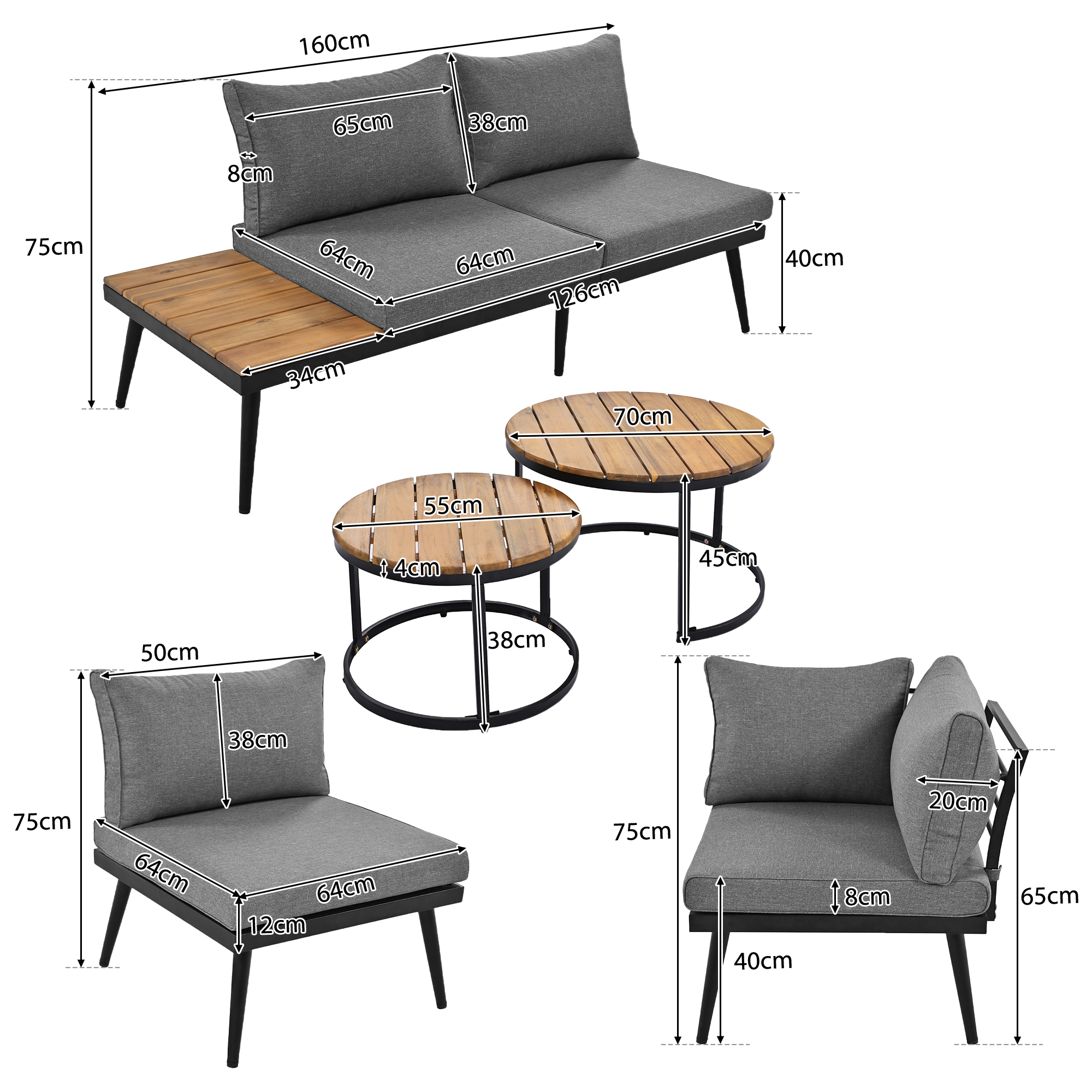Außenmöbel-Set mit Abmessungen. Graue Kissen. Holz- und schwarzer Rahmen. Zwei Sofas, zwei Tische und ein Stuhl.