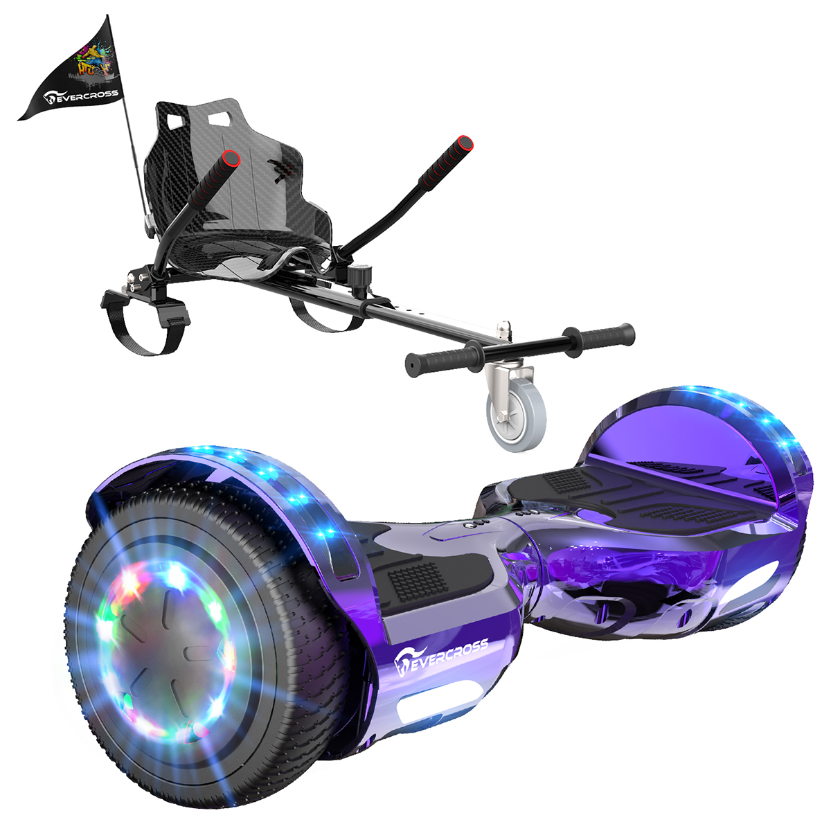 Lila Hoverboard mit Sitzbefestigung und Flagge. Schwarz-Lila Farbschema.